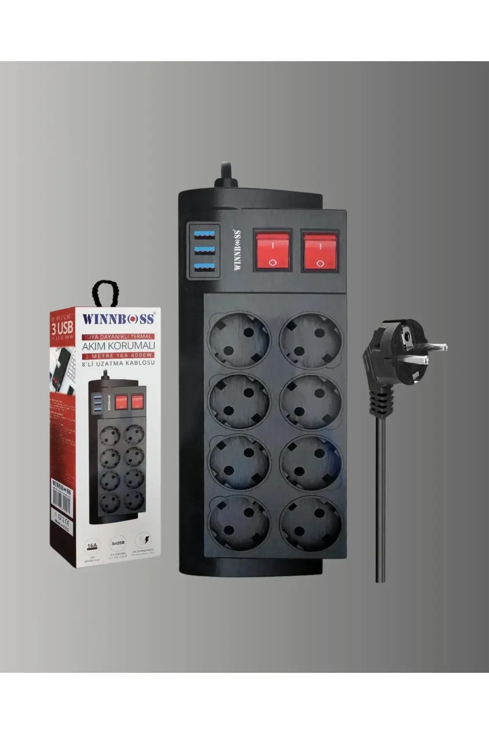 Isıya Dayanıklı Termal Akım Korumalı 8'li Priz ve 3 USB Girişli U
