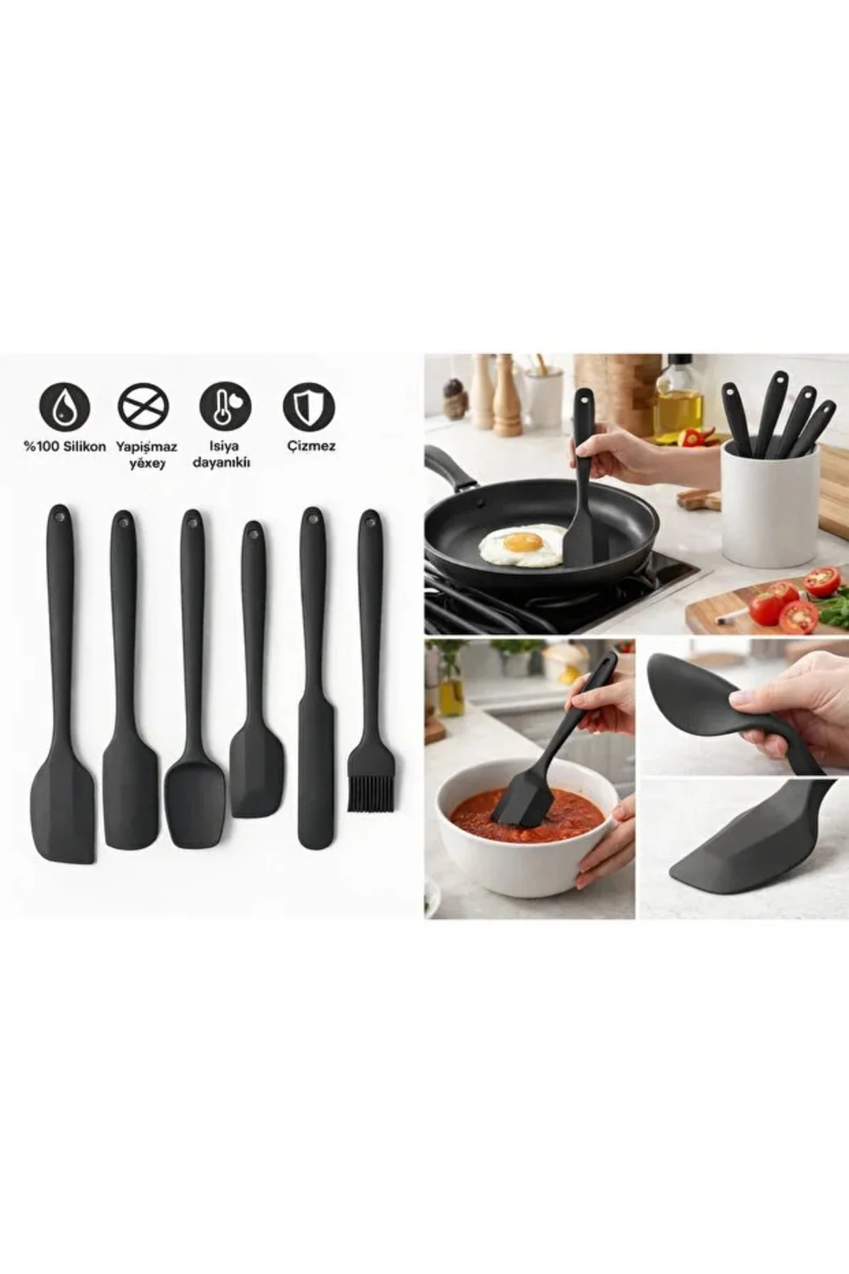 Isıya Dayanıklı Yanmaz Yapışmaz Silikon Spatula Seti 6 Parça Siyah Isıya Dayanıklı Yanmaz Yapışmaz Silikon Spatula Seti 6 Parça Siyah