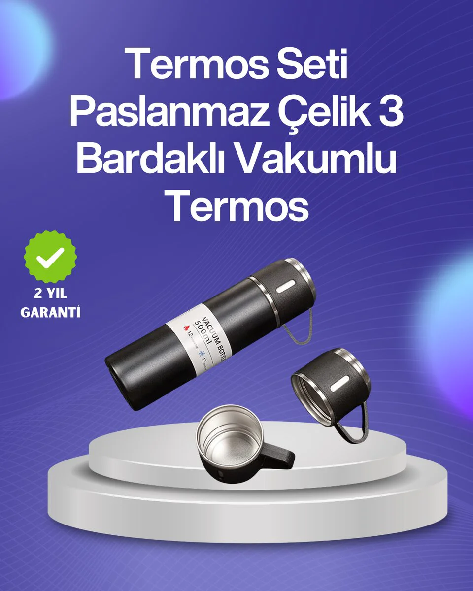 Isıyı Uzun Süre Koruyan 500 ml Termos Seti | Çelik Gövde 2 Bardaklı Hediye Kutulu