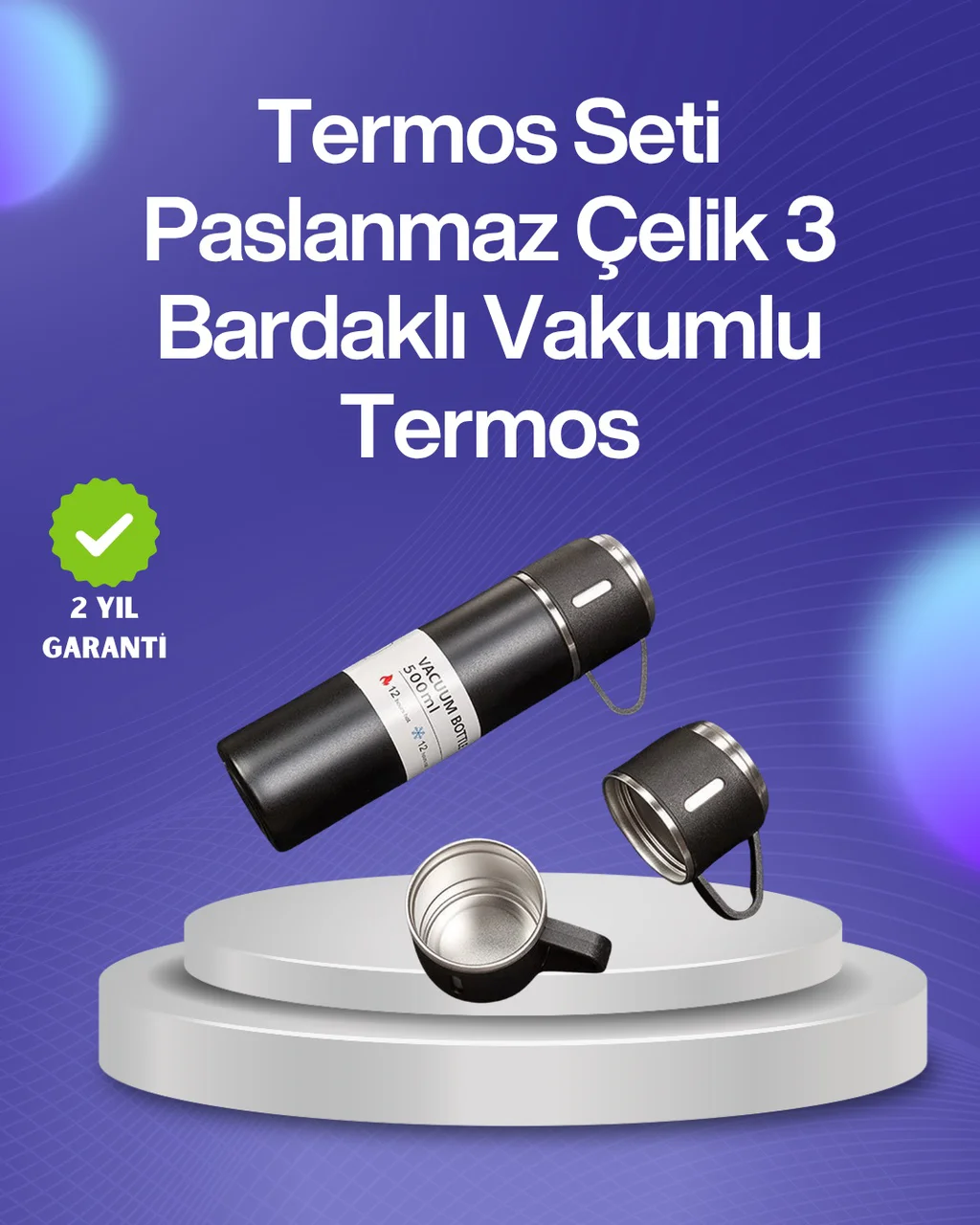 Isıyı Uzun Süre Koruyan 500 Ml Termos Seti Çelik Gövde, 2 Bardaklı, Hediye Kutulu - Lisinya Diğer