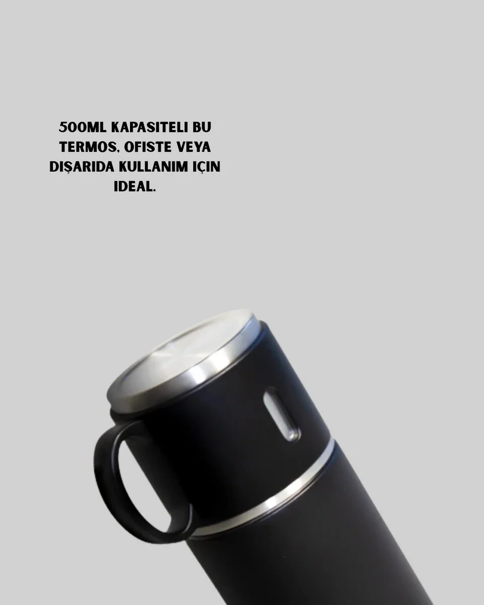 Isıyı Uzun Süre Koruyan 500 ml Termos Seti | Çelik Gövde 2 Bardaklı Hediye Kutulu