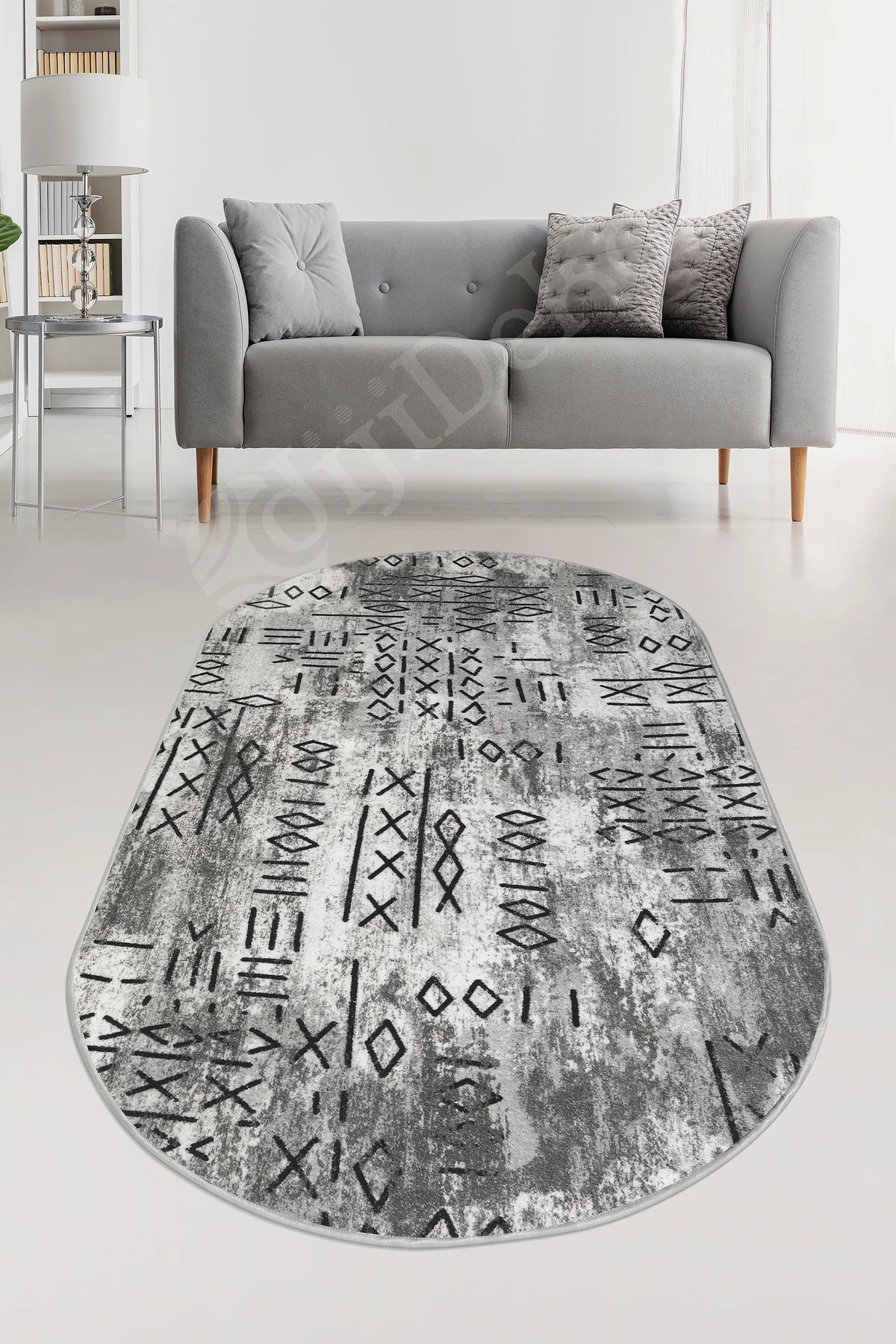 İSKANDİNAV Oval Saçaksız Halı Açık GRİ Silinebilir Yolluk 80x250