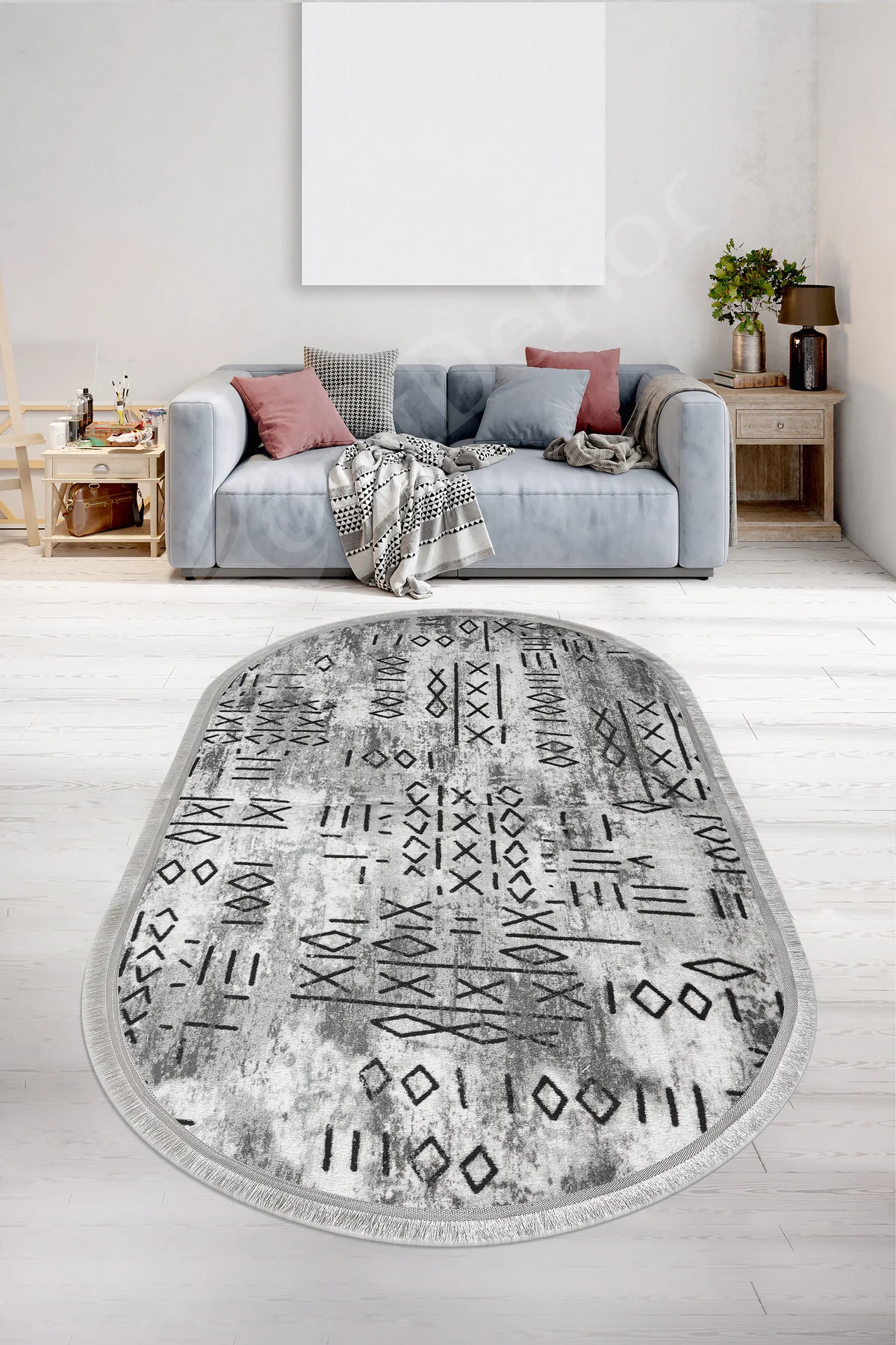 İSKANDİNAV Oval Saçaklı Halı Açık GRİ Silinebilir 160x250 (4 metrekare)