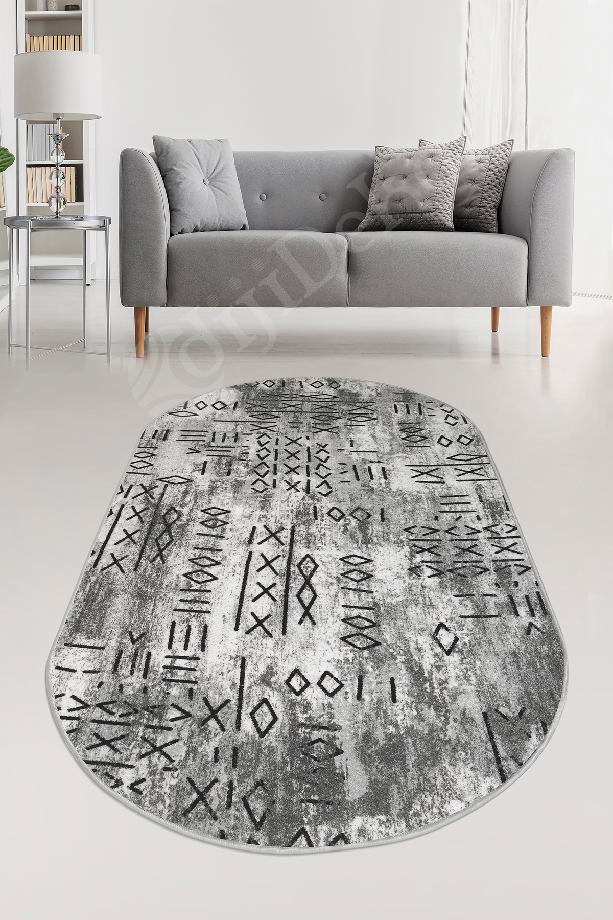 İSKANDİNAV Oval Saçaksız Halı Açık GRİ Silinebilir Yolluk 80x250