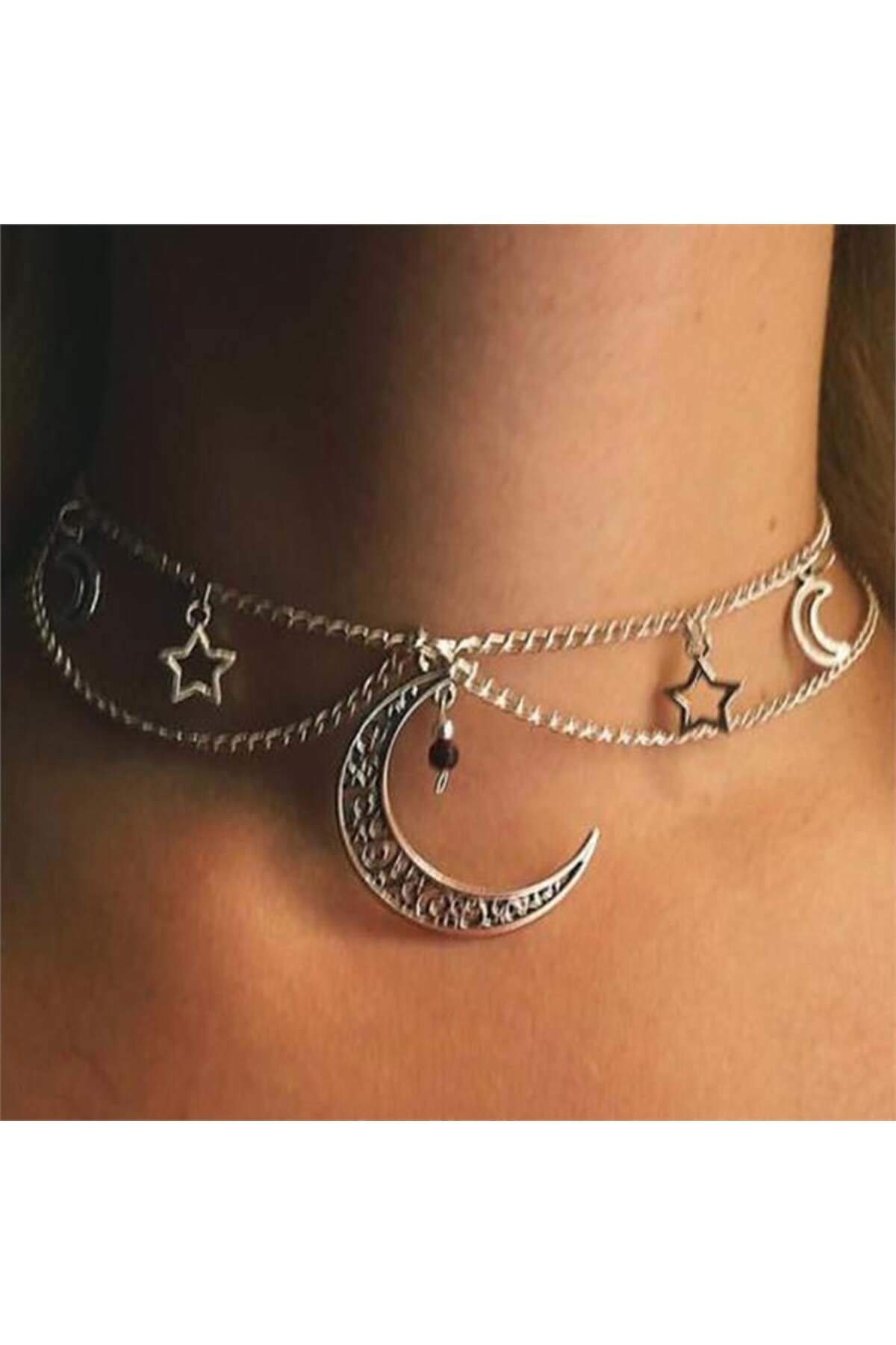 İşlemeli Half Moon Yıldız Kolaj Detaylı Zincirli Kolye