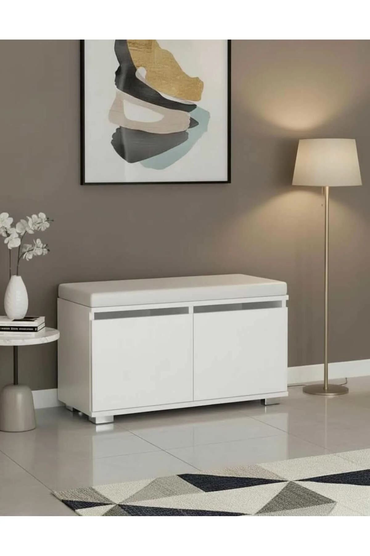 İSOLA 80 cm Minderli Oturaklı Ayakkabılık | 2 Kapaklı Beyaz Ayakk
