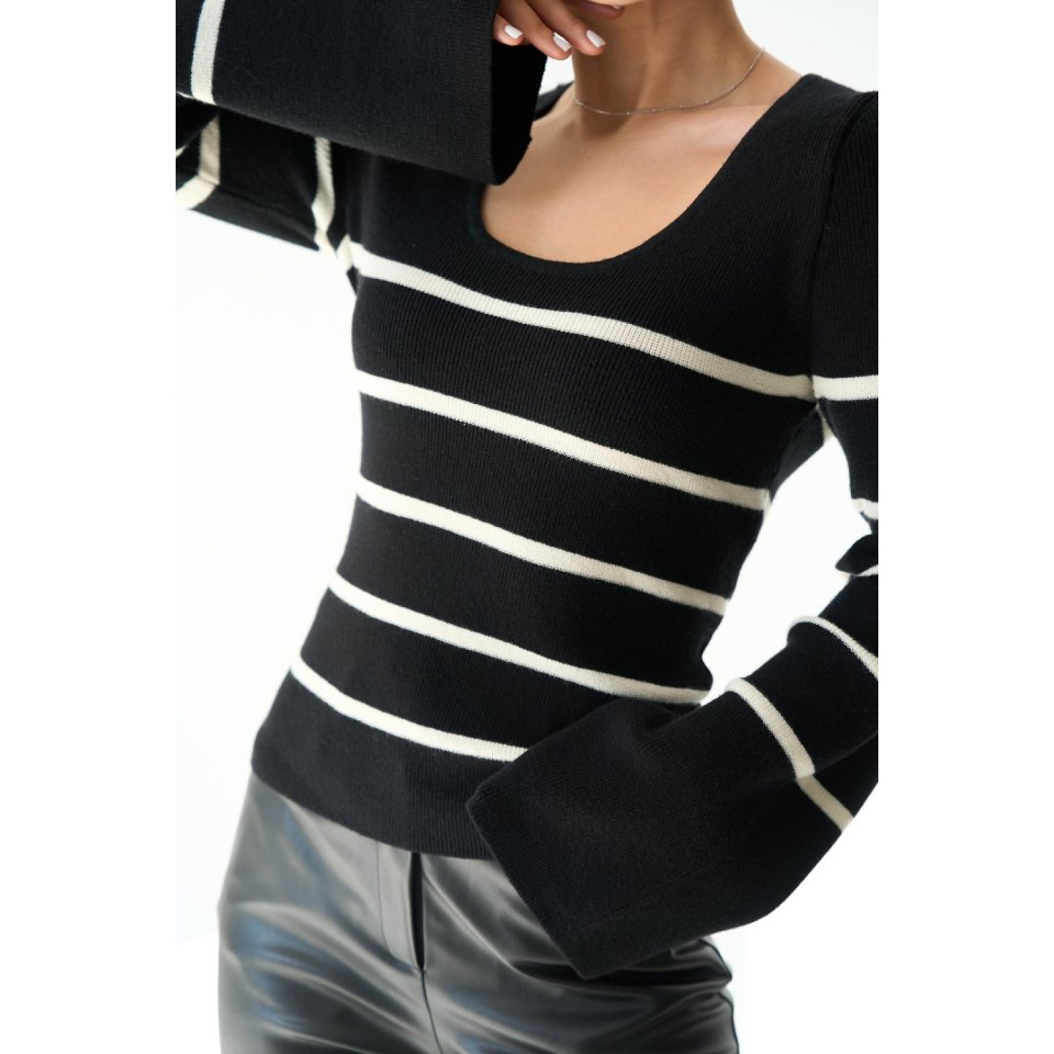 İspanyol Kol Çizgili Kazak - Siyah-Açık Krem