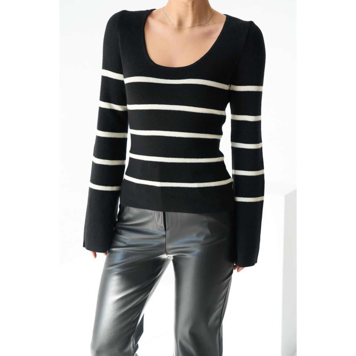 İspanyol Kol Çizgili Kazak - Siyah-Açık Krem