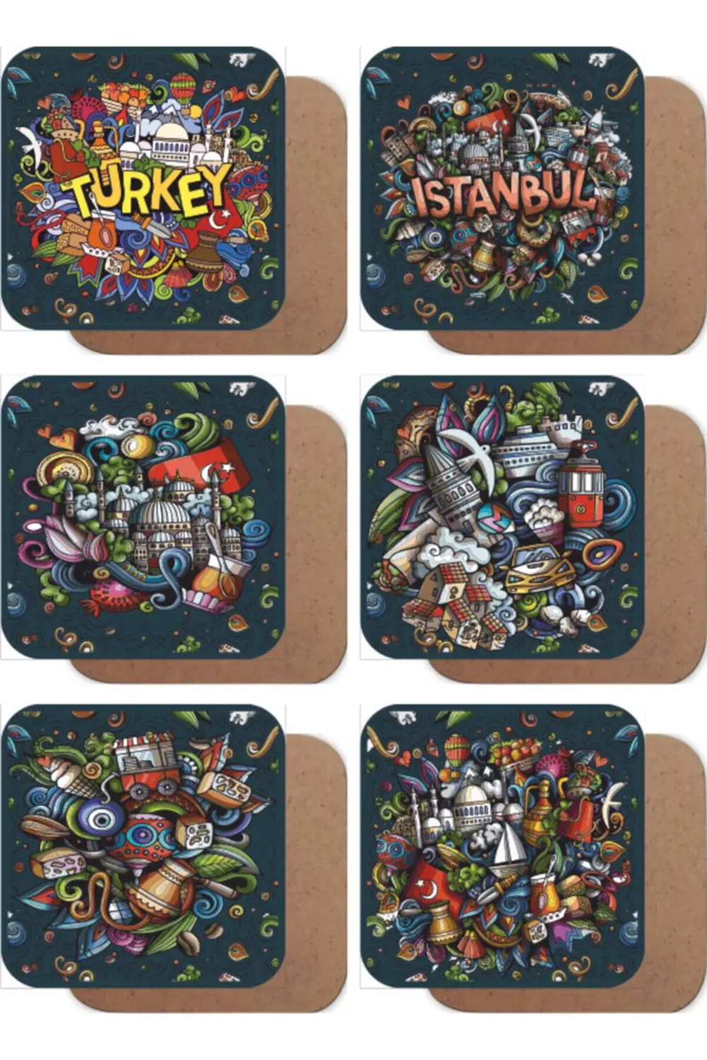 Istanbul El Çizimi Minyatürler Temalı 6lı Ahşap Bardak Altlığı Se