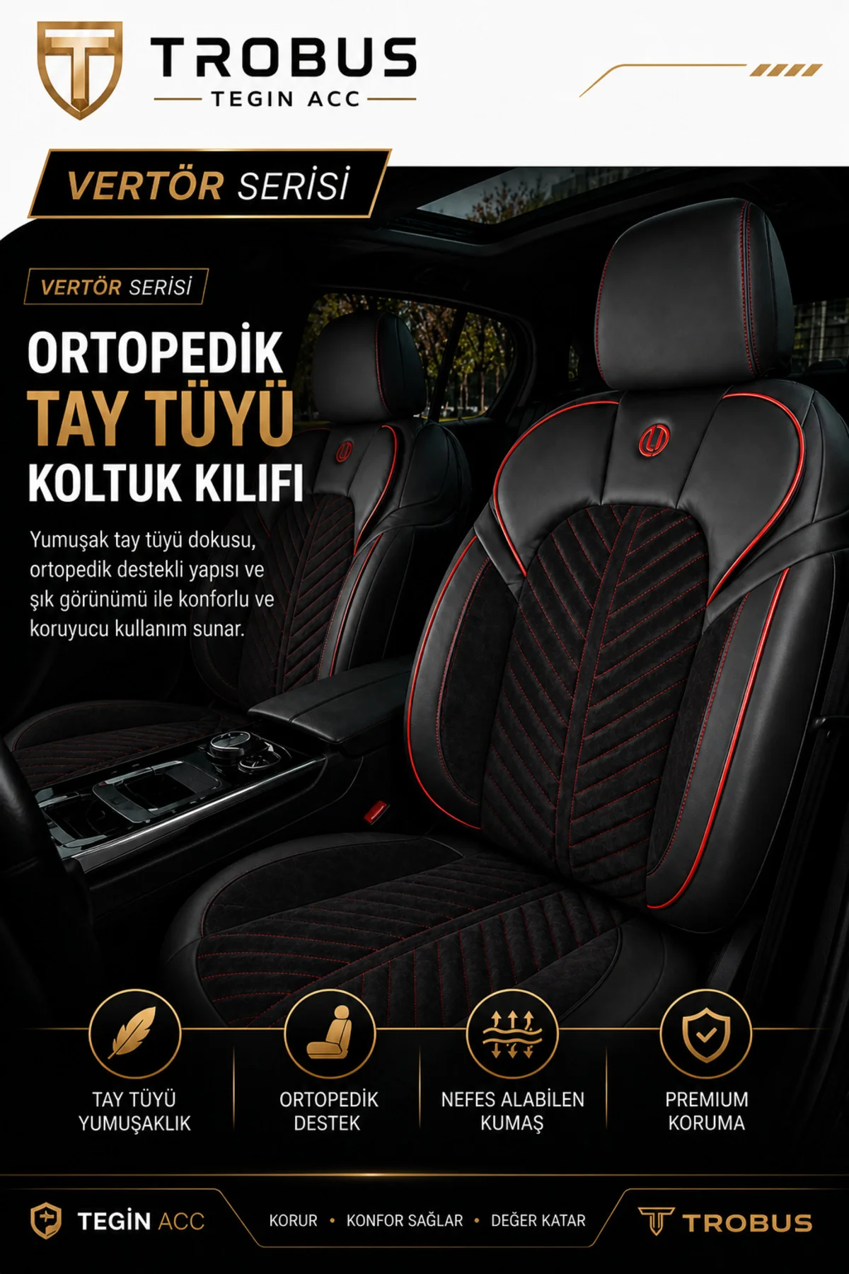Isuzu D Max 2002-2012 Uyumlu Süvari Serisi Tay Tüyü Siyah Kırmızı Premium Koltuk Kılıfı