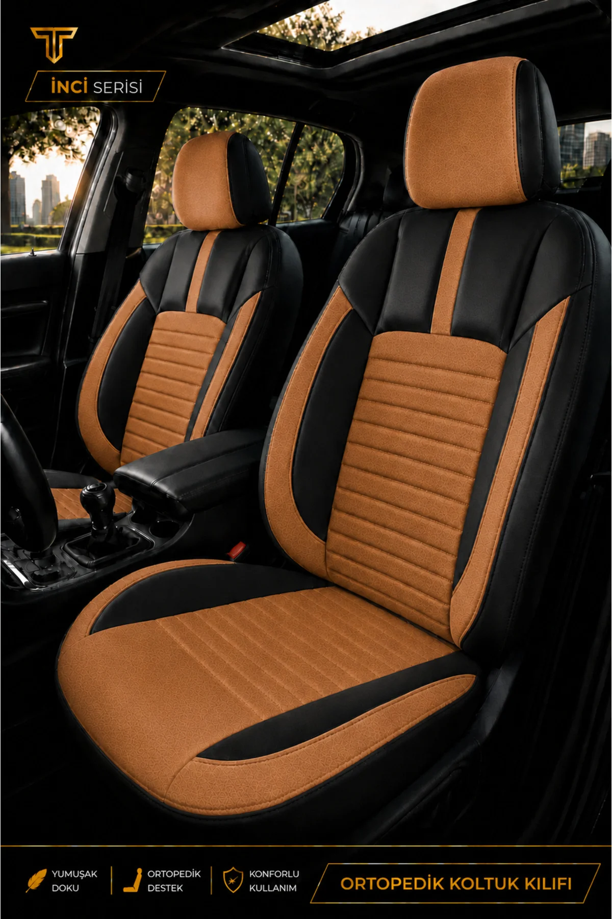 Isuzu D-Max 2002-2012 Uyumlu İnci Serisi Tay Tüyü Taba Siyah Premium Koltuk Kılıfı