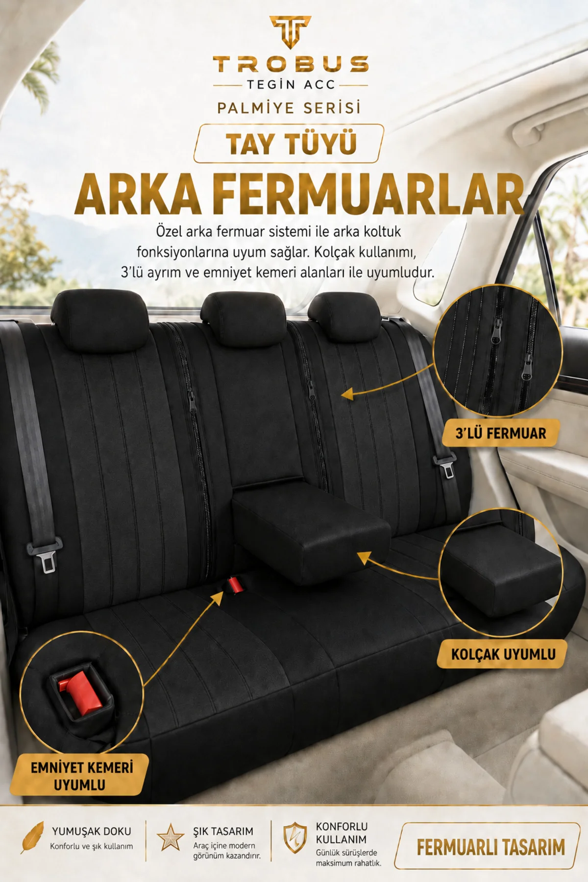 Isuzu D-Max 2002-2012 Uyumlu Palmiye Serisi Siyah Bel Destekli Tay Tüyü Koltuk Kılıfı