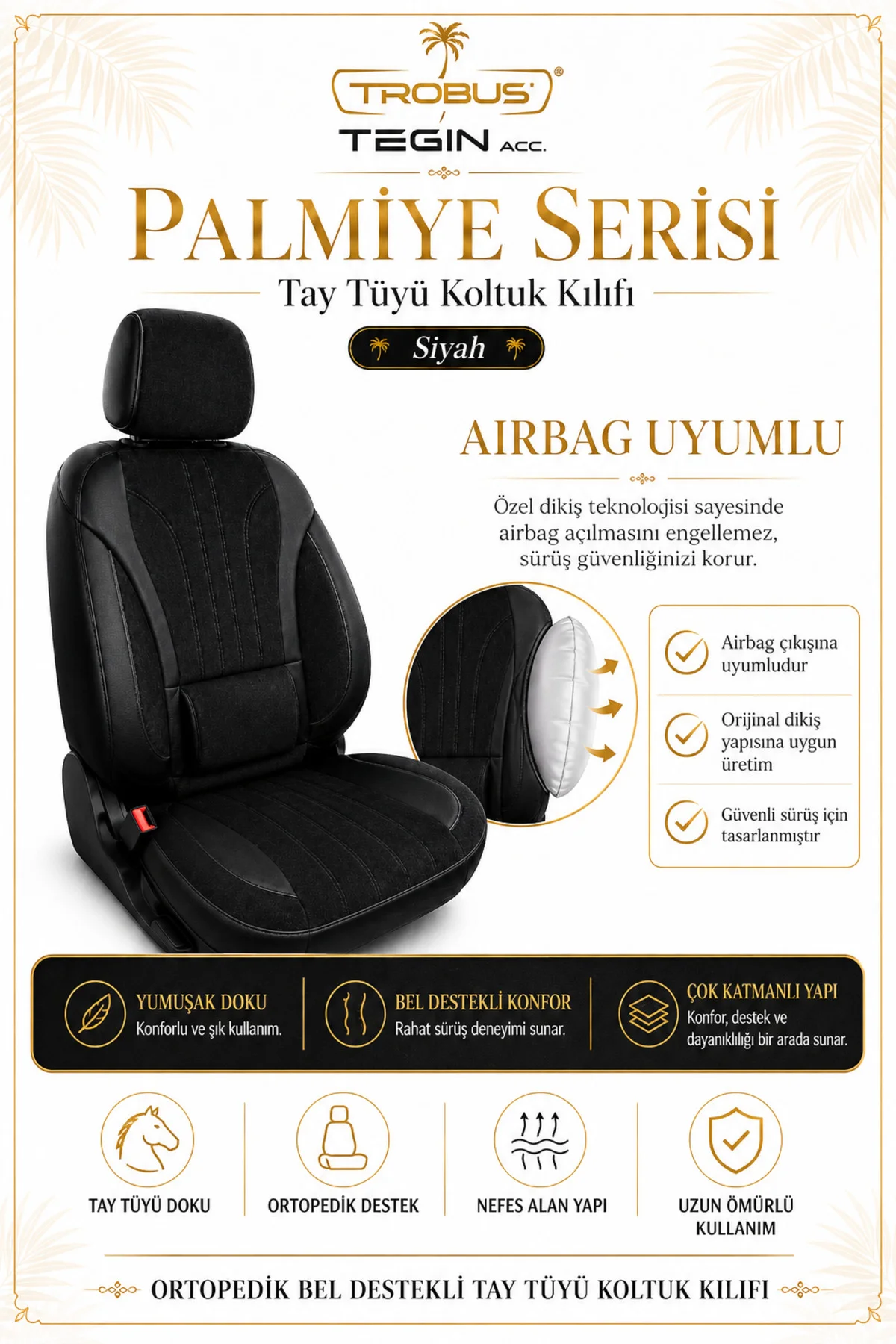 Isuzu D-Max 2002-2012 Uyumlu Palmiye Serisi Siyah Bel Destekli Tay Tüyü Koltuk Kılıfı