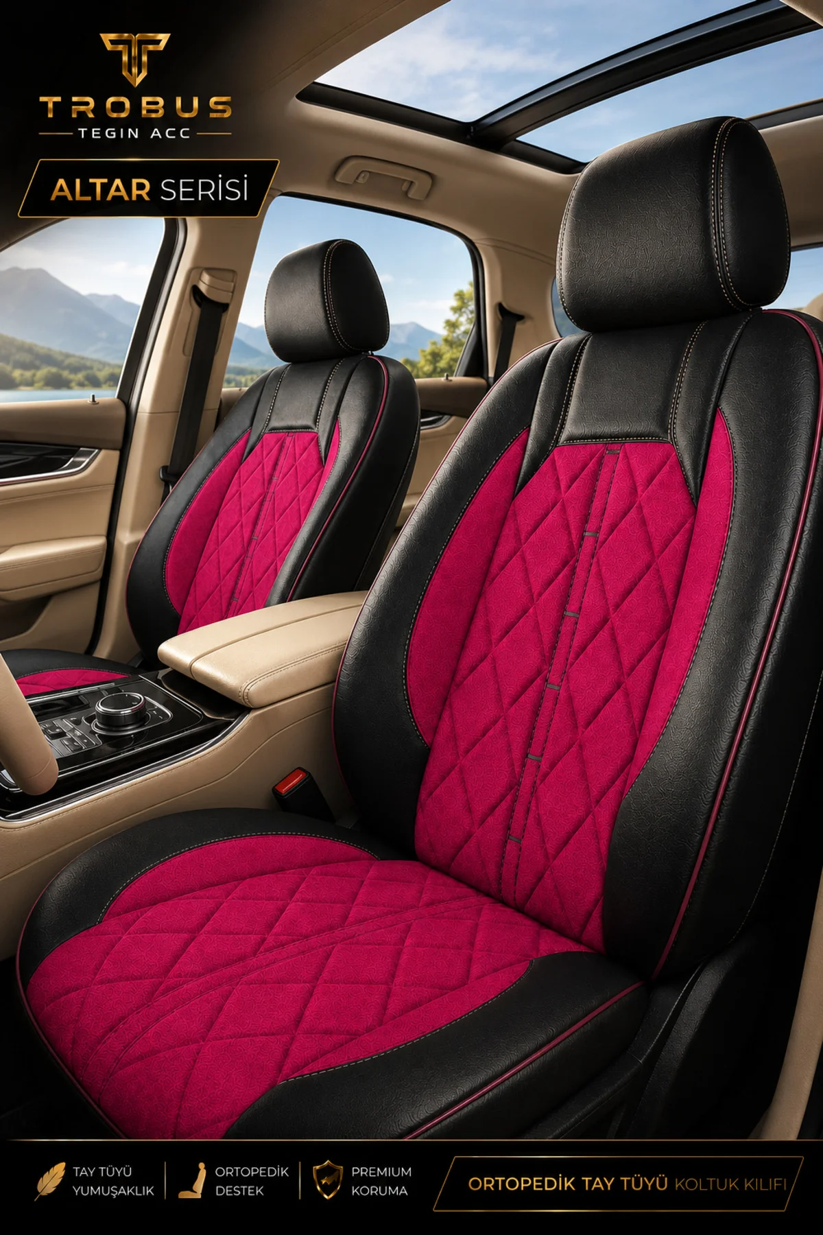 Isuzu D Max 2002-2012 Uyumlu Altar Serisi Tay Tüyü Bordo Siyah Premium Koltuk Kılıfı