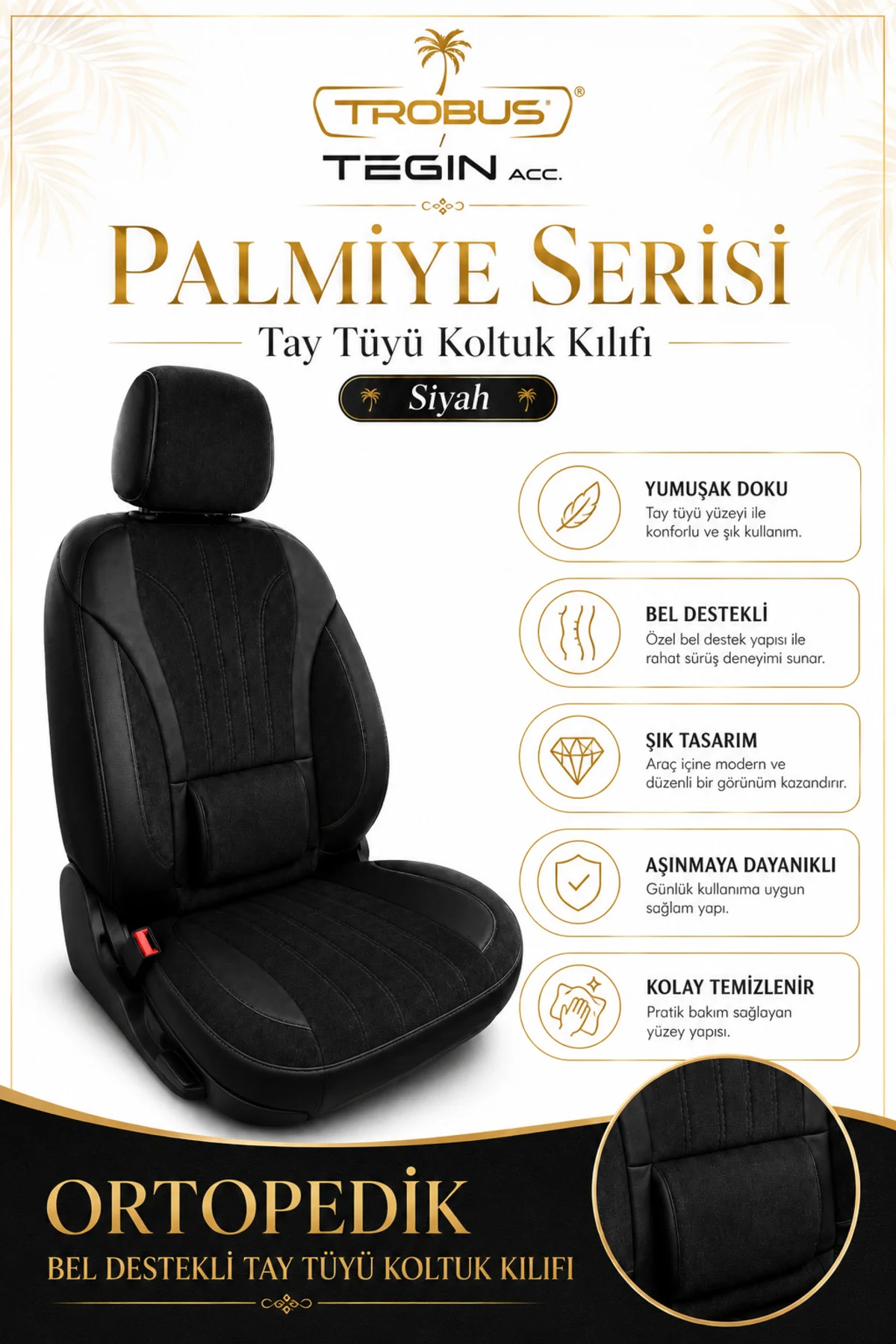 Isuzu D-Max 2002-2012 Uyumlu Palmiye Serisi Siyah Bel Destekli Tay Tüyü Koltuk Kılıfı
