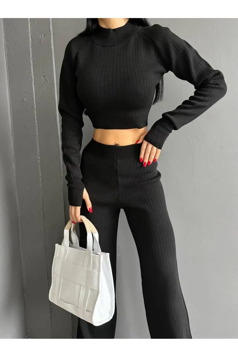 ITALY KESİM TAM REGLAN PARMAK GEÇİRMELİ CROP PANTOLON TAKIM