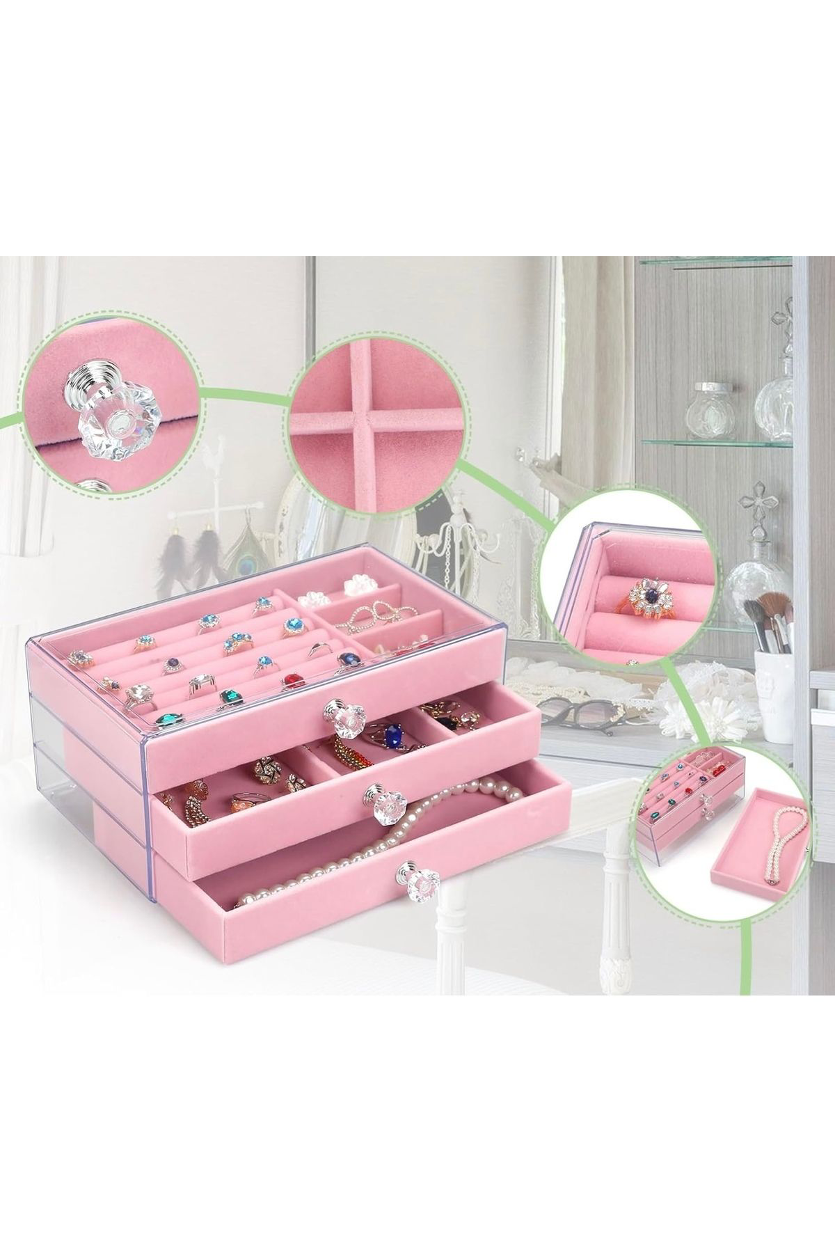 İthal  Modern 3 Çekmeceli Takı Bijuteri Mücevher Kutusu Organizeri