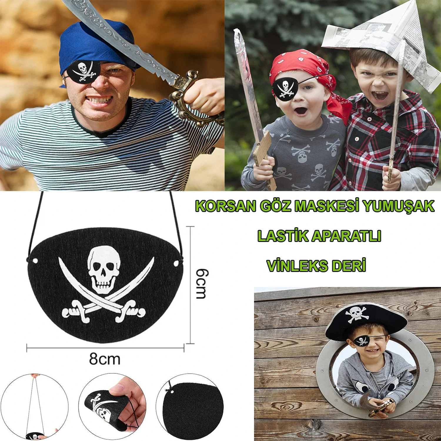 İthal Vinleks Deri Korsan Göz Bandı - Lastikli &amp; Yumuşak