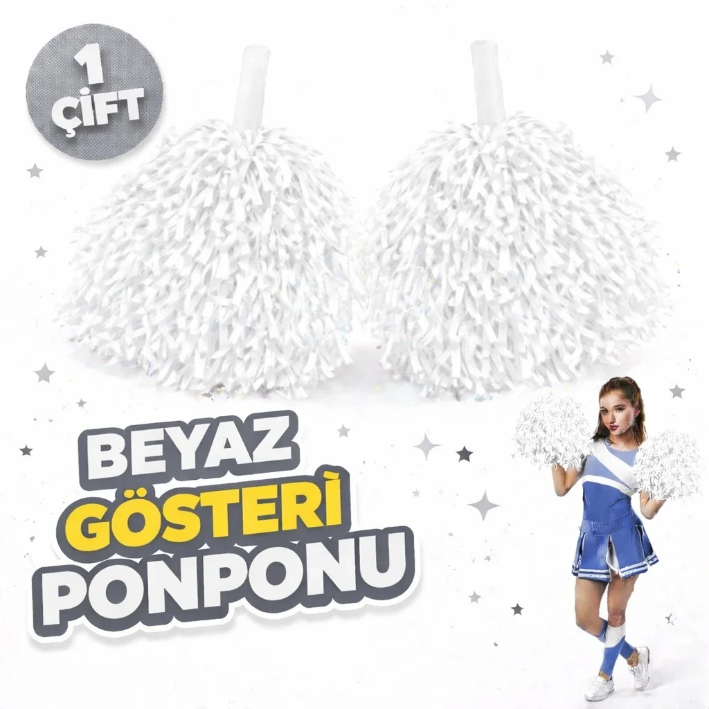 İthalat® 1 Çift ( 2 Adet ) Beyaz Renk 23 Nisan 19 Mayıs 29 Ekim Okul Gösteri Ponponları Ekstra Dolgun