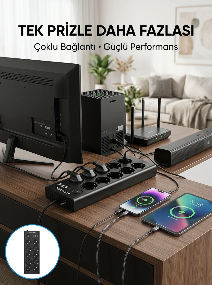 İthalat® 10 Prizli USB Destekli Çoklu Priz Type-C Şarj Girişli Güvenli Güç Ünitesi