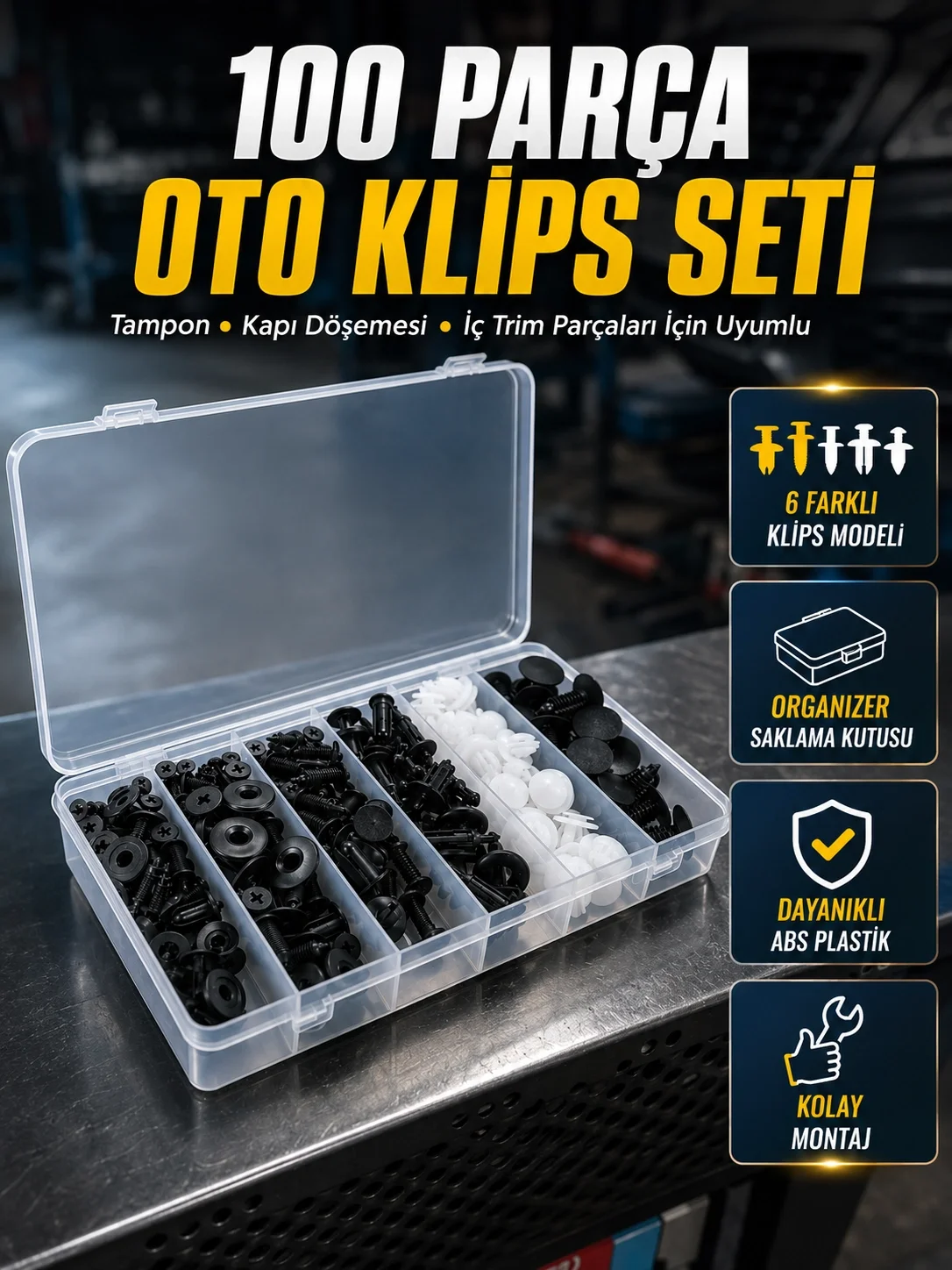 İthalat® 100 Parça Oto Döşeme Klipsi Seti Tampon, Kapı Paneli ve Plastik Trim Sabitleme Klipsleri