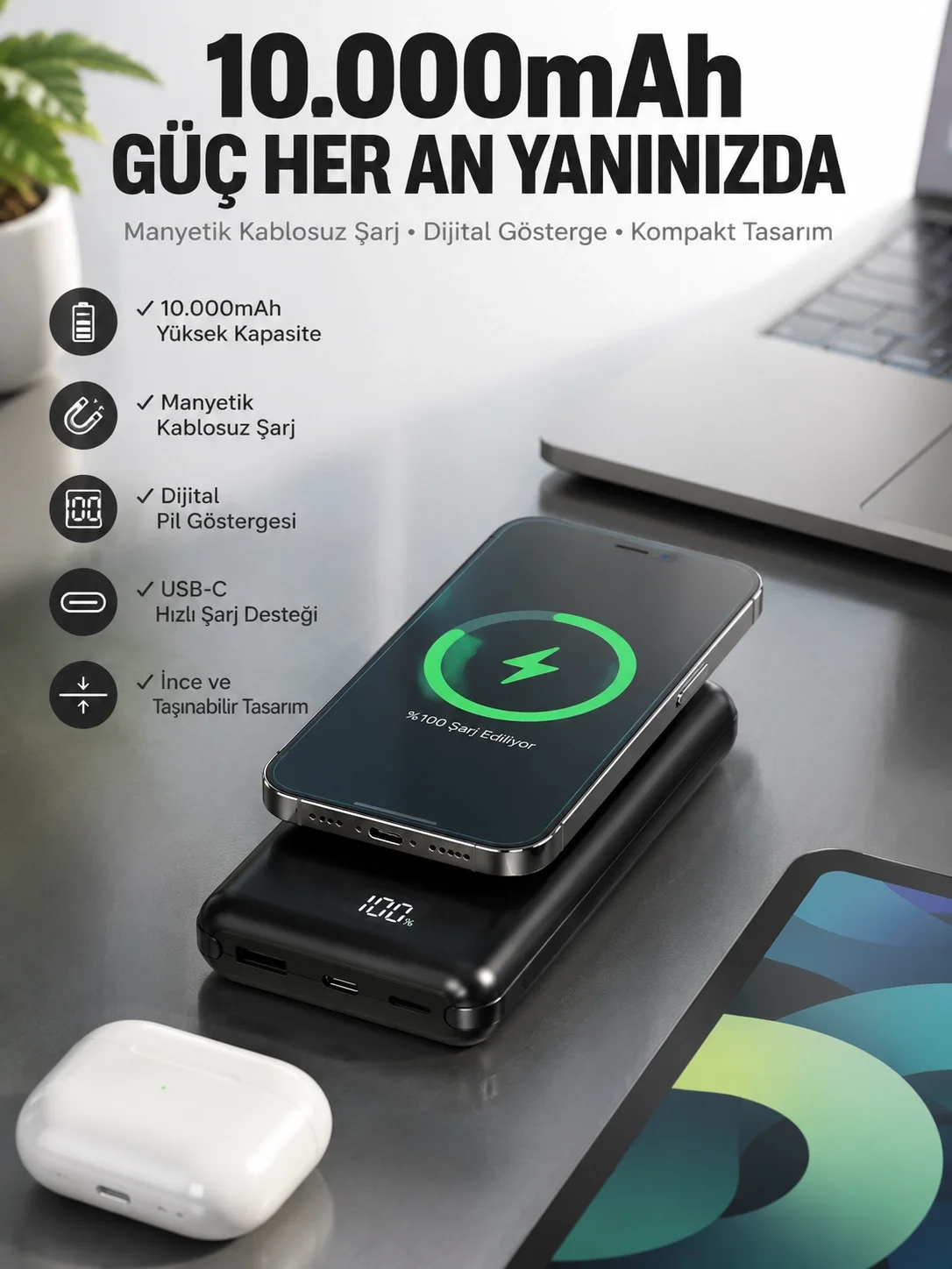 İthalat® 10.000 Mah Powerbank 4 Portlu Hızlı Şarj Dijital Göstergeli