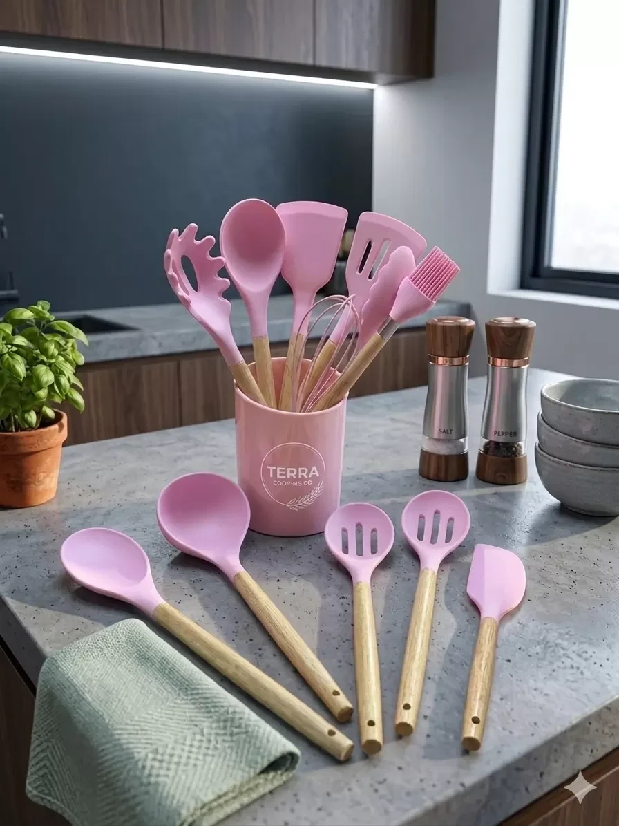 İthalat® 12 Parça Bambu Saplı Silikon Mutfak Gereçleri Seti - Pembe Mutfak Servis Seti