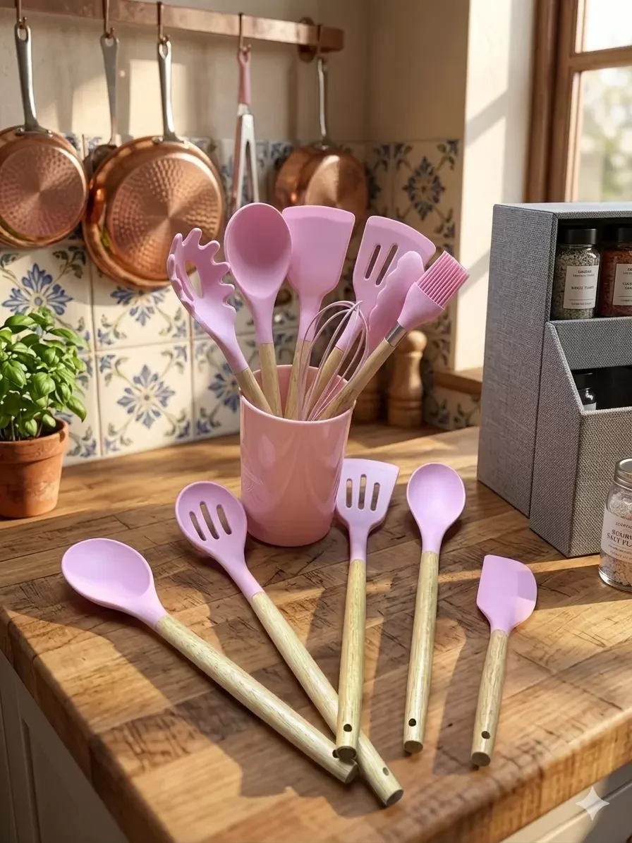 İthalat® 12 Parça Bambu Saplı Silikon Mutfak Gereçleri Seti - Pembe Mutfak Servis Seti
