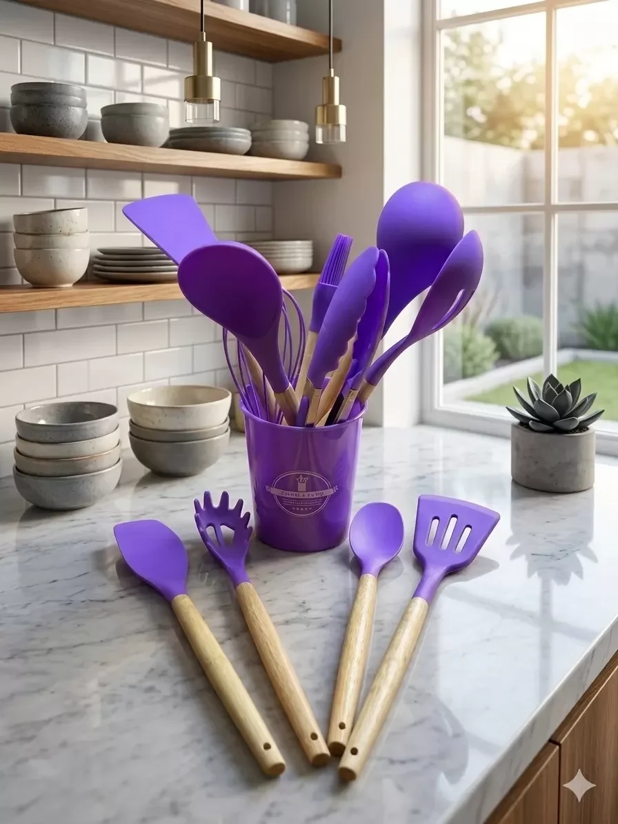 İthalat® 12 Parça Bambu Saplı Silikon Mutfak Gereçleri Seti - Mor Mutfak Servis Seti