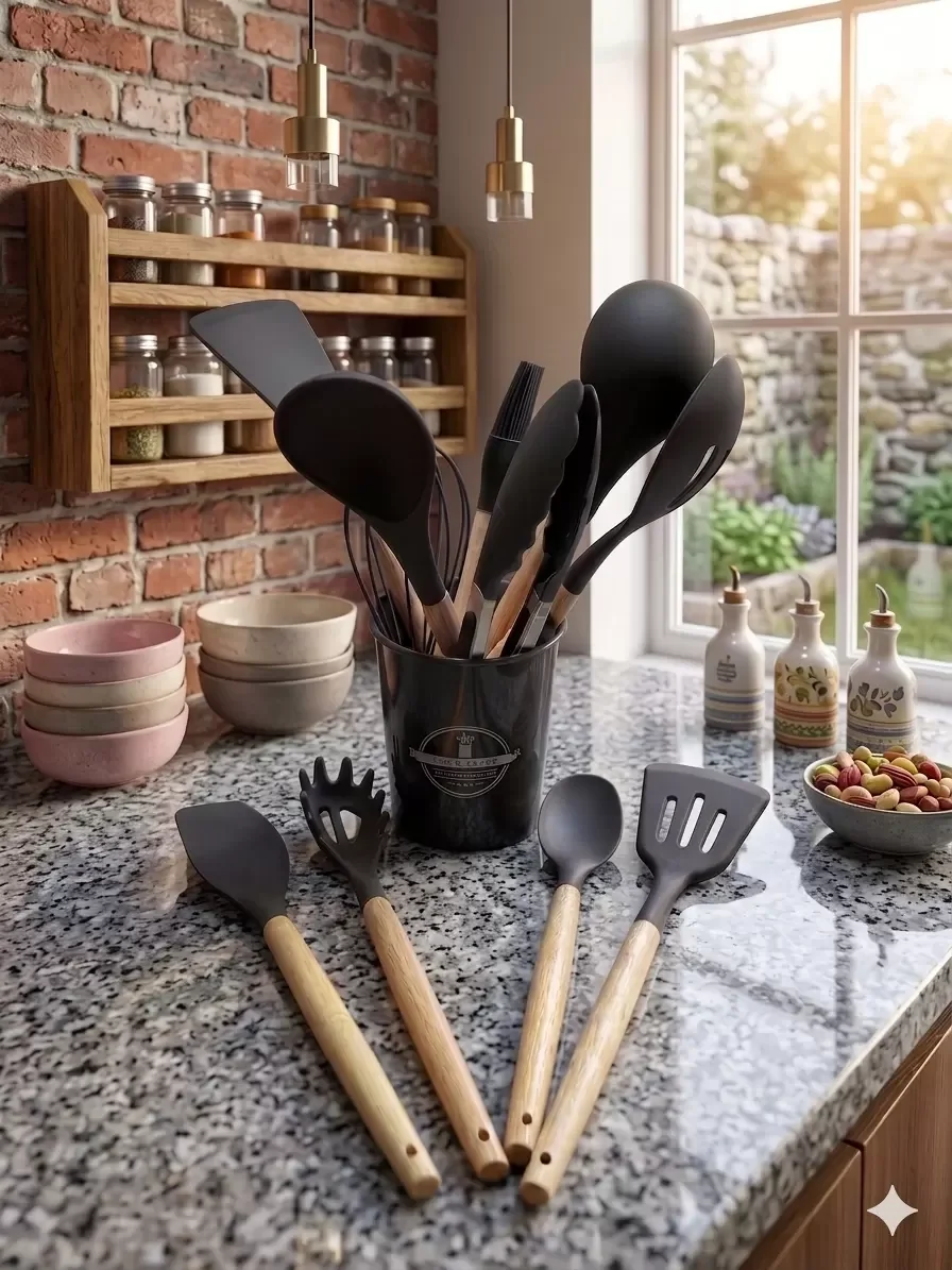 İthalat® 12 Parça Bambu Saplı Silikon Mutfak Gereçleri Seti - Siyah Mutfak Servis Seti