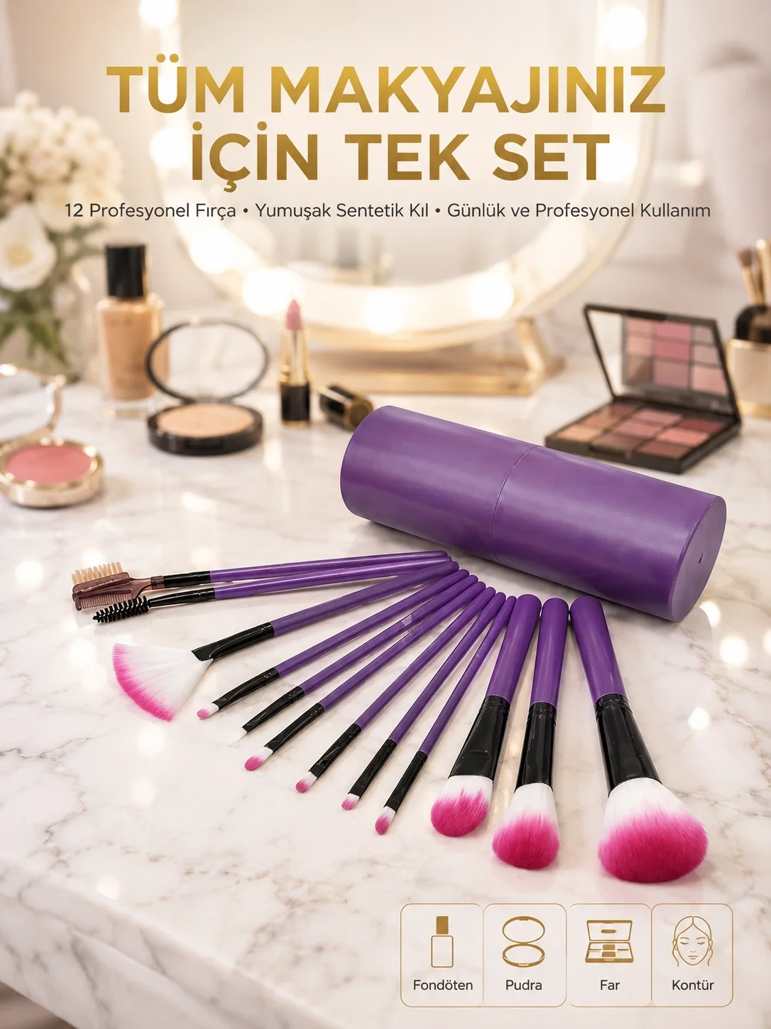İthalat® 12 Parça Makyaj Fırçası Yumuşak Kıllı Profesyonel Fırça Seti Yüksek Kaliteli Pürüzsüz