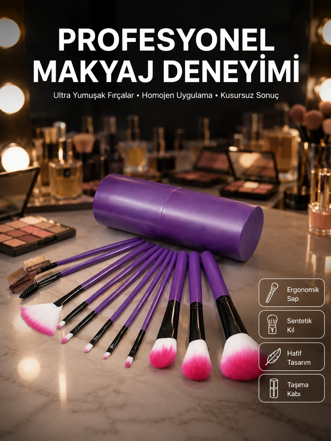 İthalat® 12 Parça Profesyonel Makyaj Fırçası Far Fırçası Allık Fırçası Yumuşak Kıllı