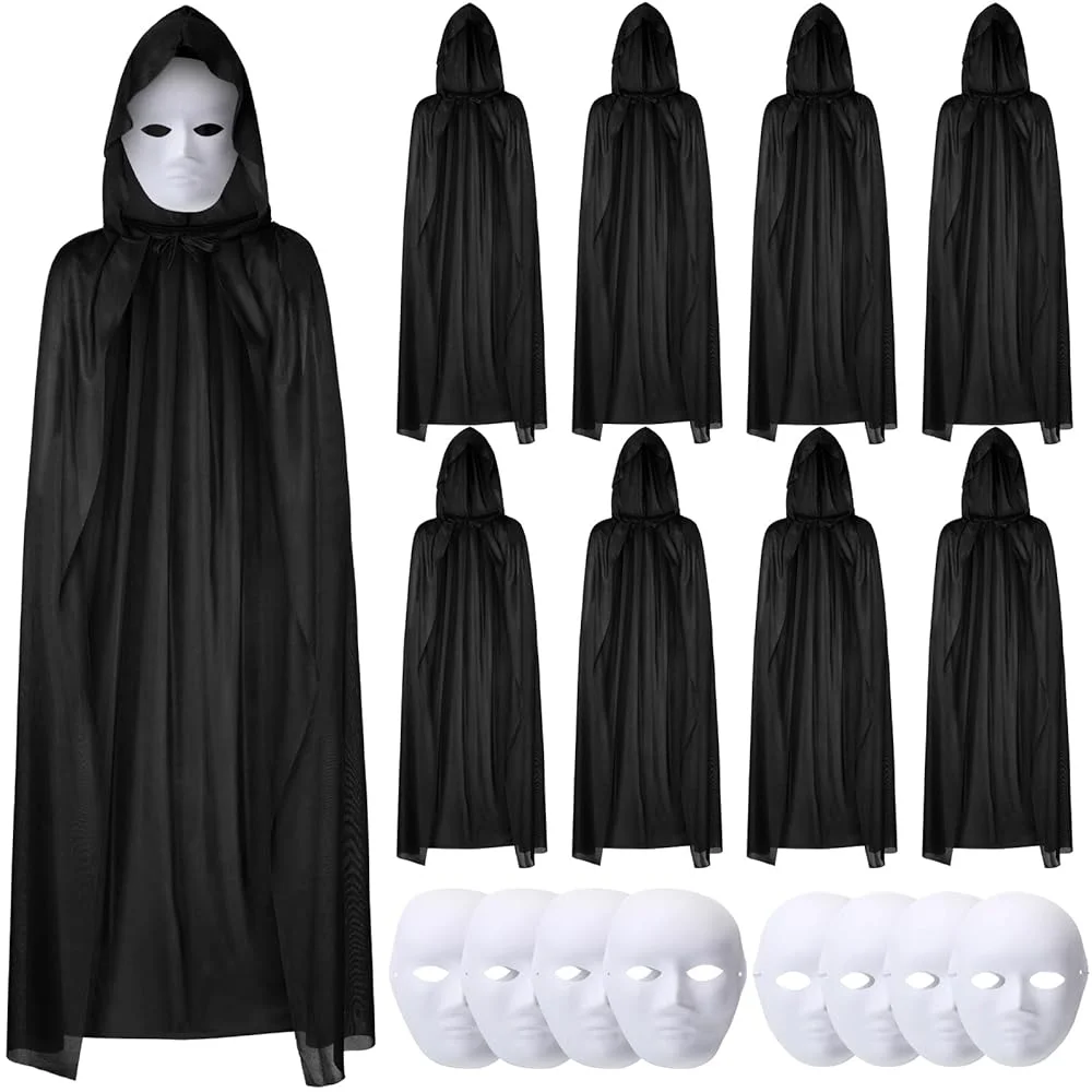 İthalat® 120 cm Siyah Kapüşonlu Pelerin ve Boyanabilir Karton Maske 8’li Set