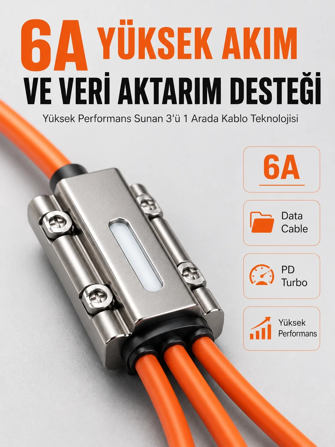 İthalat® 120W Hızlı Şarj Destekli 3'ü 1 Arada Çok Amaçlı Şarj ve Veri Aktarım Kablosu