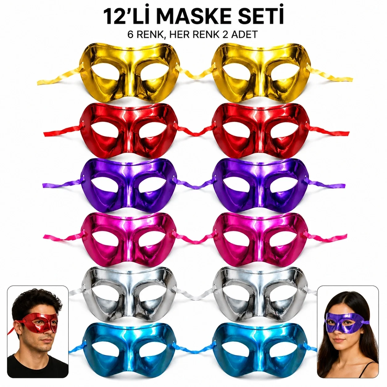 İthalat® 12'li Metalik Venedik Toptan Parti Maskesi Seti – 6 Renk Karışık