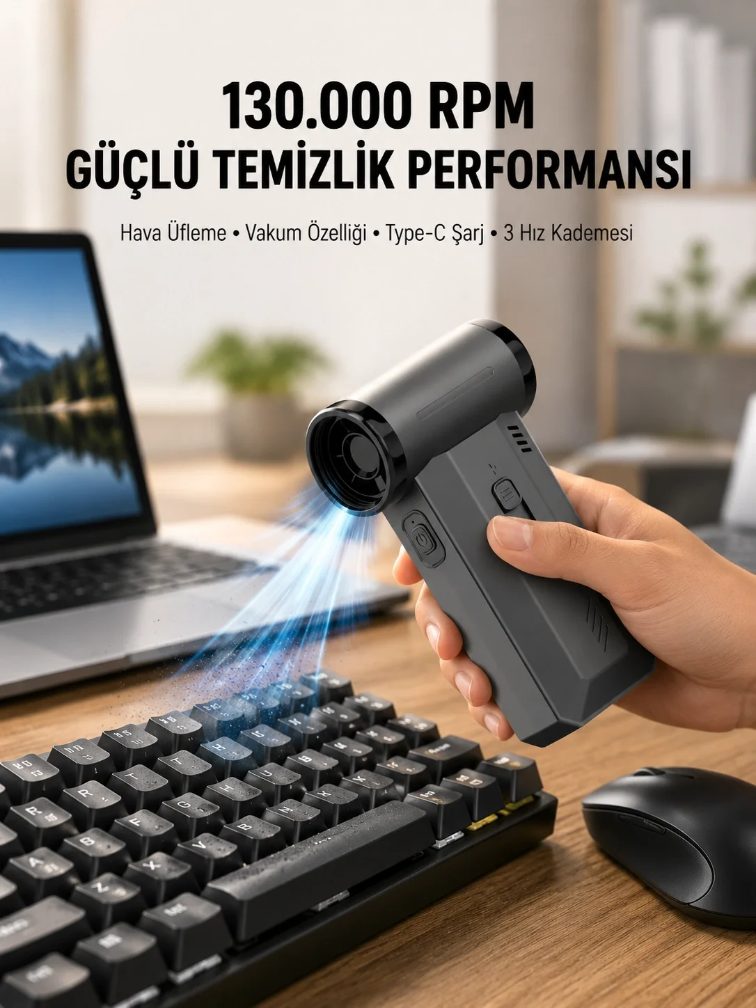 İthalat® 130000 RPM Çok Fonksiyonlu Şarjlı Hava Üfleme ve Vakum Temizlik Cihazı