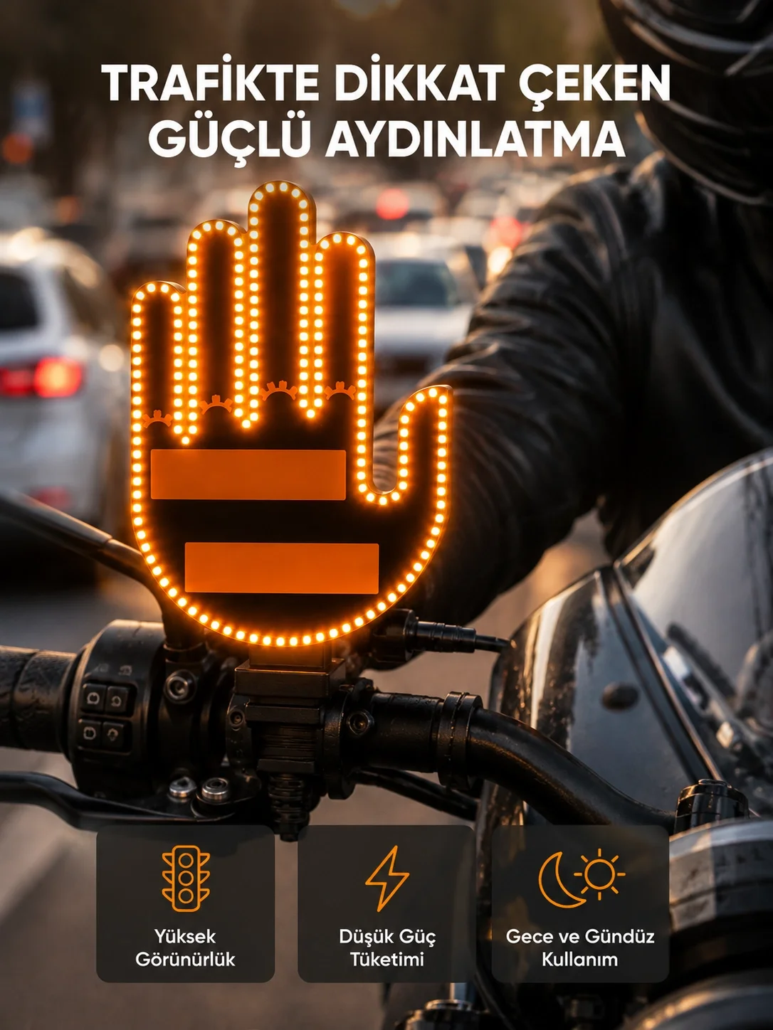 İthalat® 176 LED’li Amber Trafik Uyumlu Sinyal Işığı – El Hareketiyle Kontrol