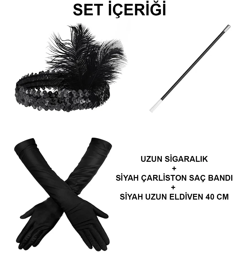 İthalat® 1920'ler Gatsby Aksesuar Seti – Siyah Charleston Saç Bandı, Uzun Eldiven & Sigaralık İthalat® 1920'ler Gatsby Aksesuar Seti – Siyah Charleston Saç Bandı, Uzun Eldiven & Sigaralık