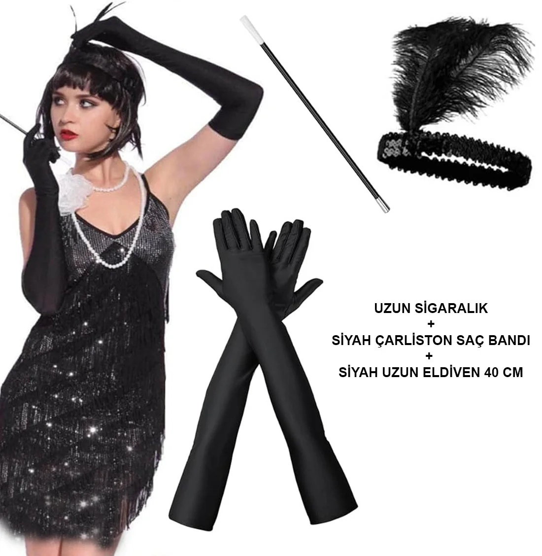 İthalat® 1920'ler Gatsby Aksesuar Seti – Siyah Charleston Saç Bandı, Uzun Eldiven & Sigaralık İthalat® 1920'ler Gatsby Aksesuar Seti – Siyah Charleston Saç Bandı, Uzun Eldiven & Sigaralık