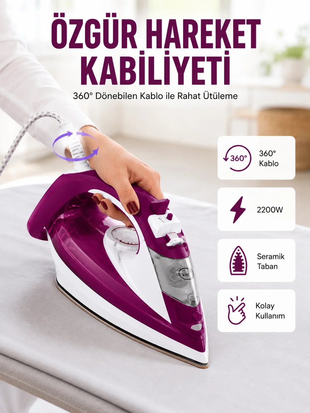 İthalat® 2200W Seramik Kaplama Estetik Tasarımı 360 Derece Dönebilir Kablosu Yeni Nesil