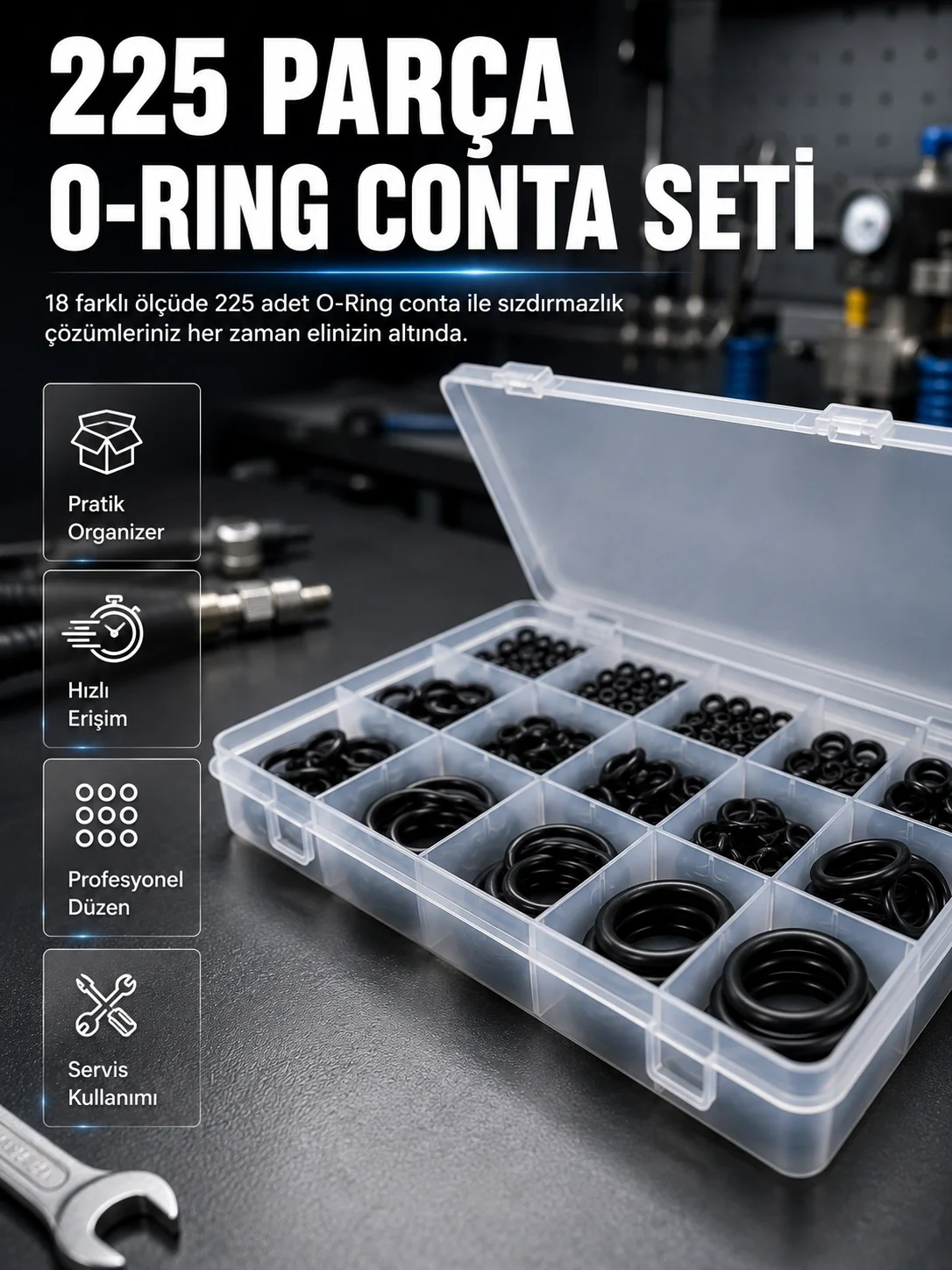 İthalat® 225 Parça O-Ring Conta Seti 18 Farklı Ölçü Kauçuk Sızdırmazlık Conta Organizer Kutulu