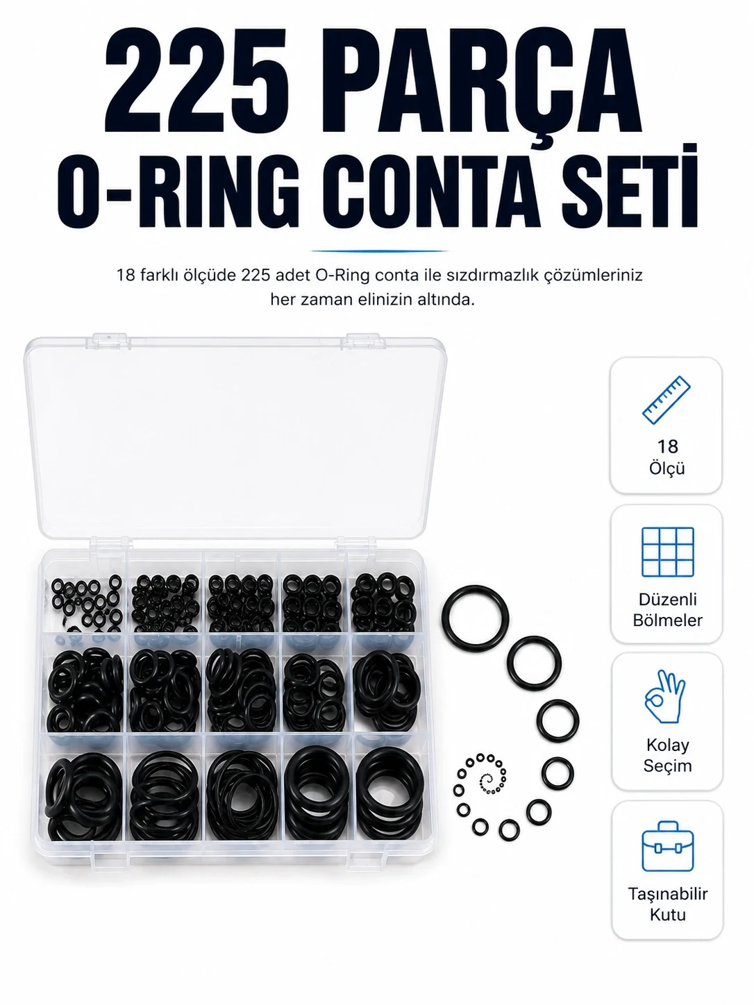 İthalat® 225 Parça Profesyonel O-Ring Conta Kiti Su, Yağ ve Hava Sızdırmazlık Tamir Seti