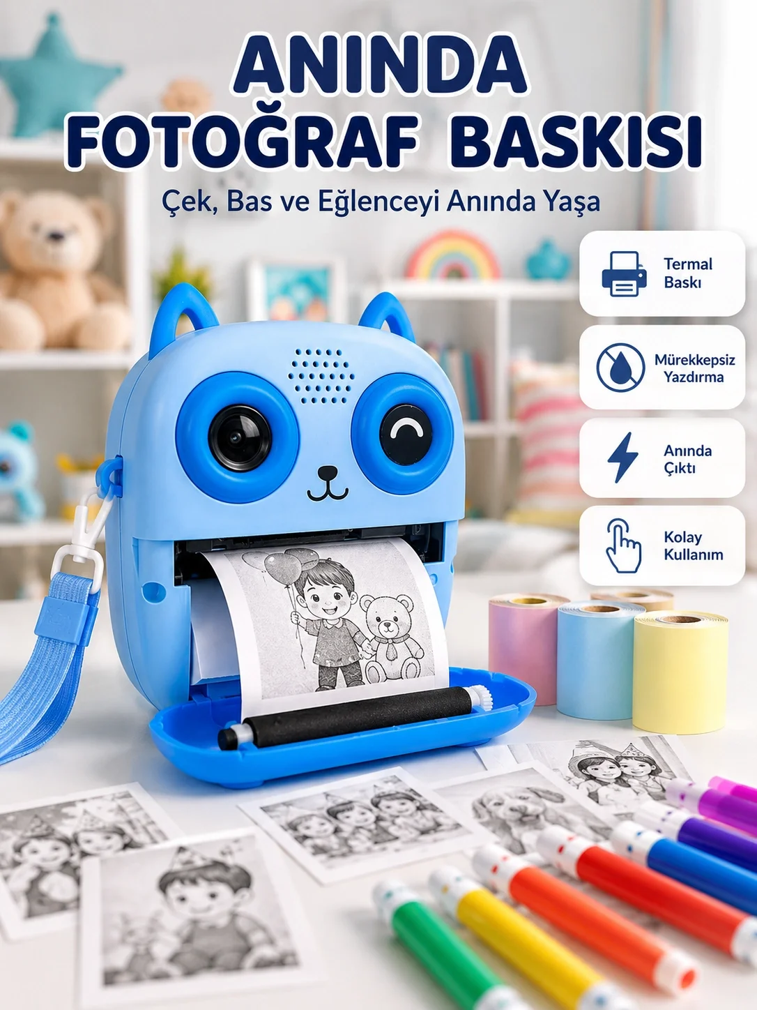 İthalat® 2.4'' IPS Ekranlı Çocuk Fotoğraf Makinesi HD Çekim ve Anında Baskı Keyfi