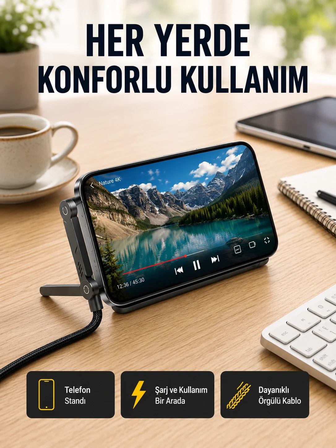 İthalat® 240W Type-C to Type-C Katlanabilir Standlı Hızlı Şarj Kablosu