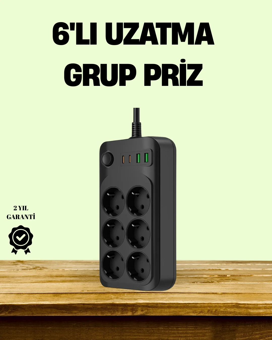 İthalat® 2500W Güçlü 6’lı Priz USB ve Type-C Çıkışlı Termal Korumalı
