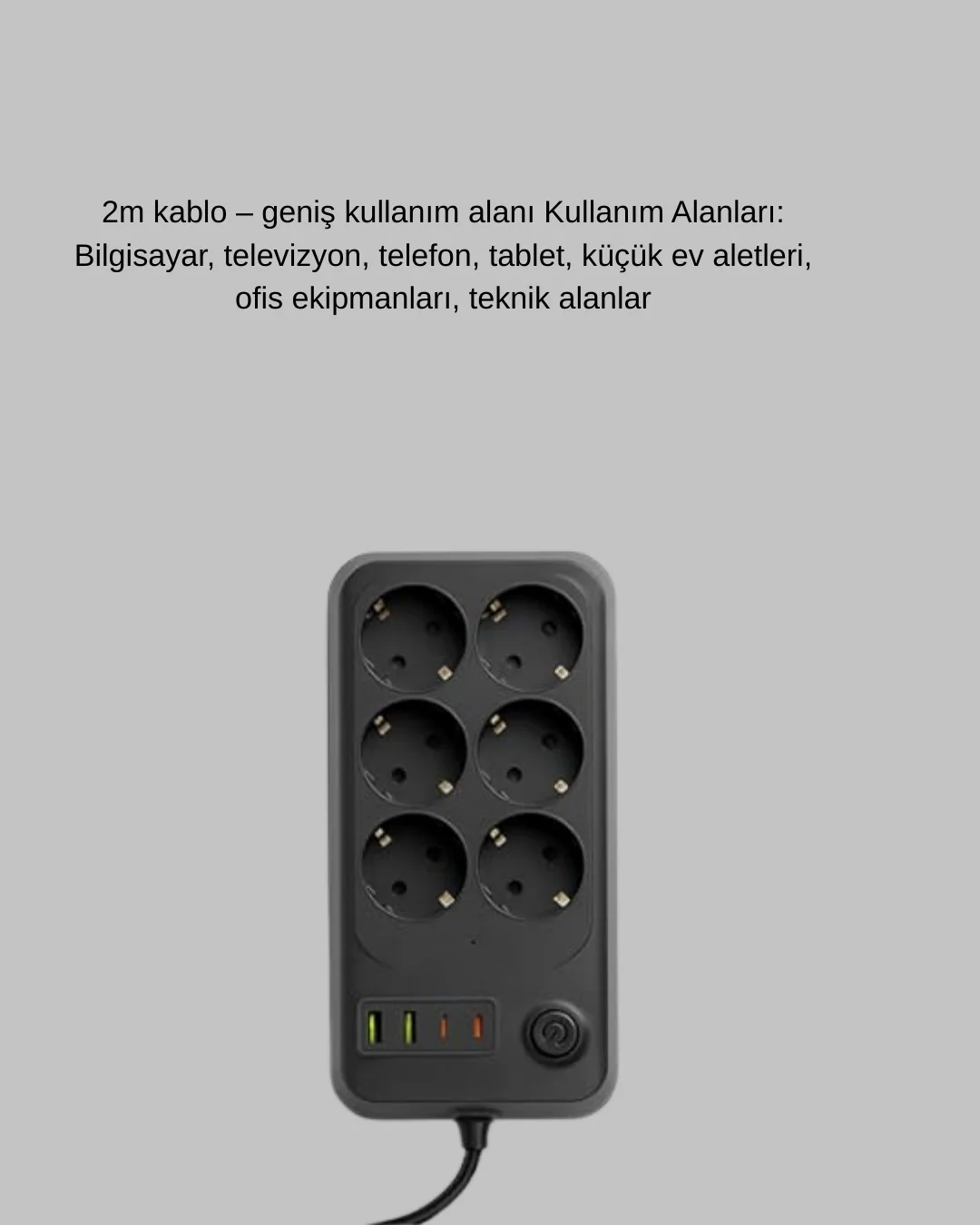 İthalat® 2500W Güçlü 6’lı Priz USB ve Type-C Çıkışlı Termal Korumalı