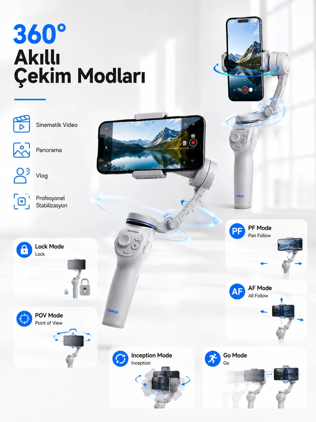 İthalat® 3 Eksen Telefon Sabitleyici Canlı Yayın Vlog Mobil Video Çekimi İçin Profesyonel Gimbal