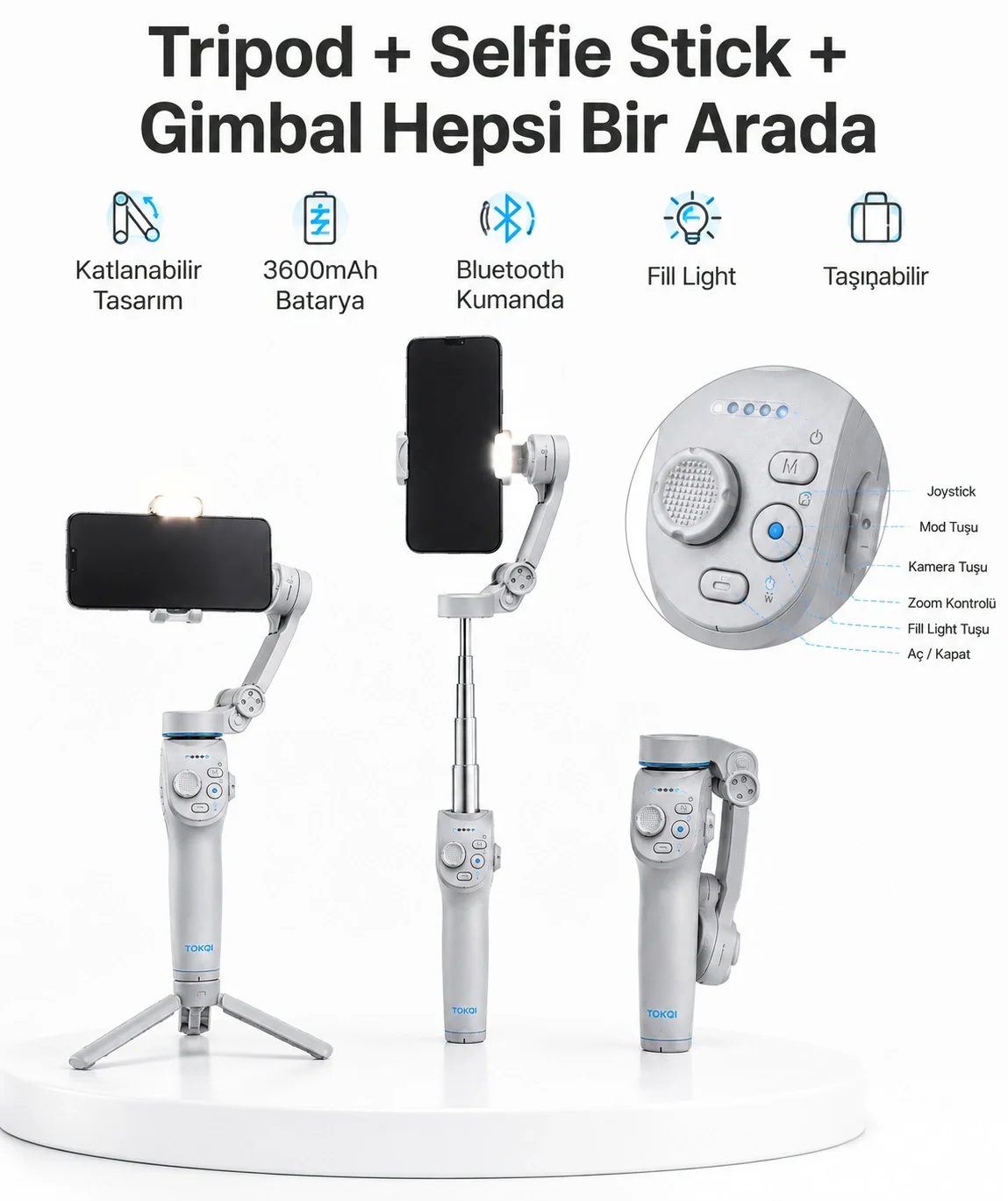 İthalat® 3 Eksen Telefon Gimbal Stabilizer Yapay Zeka Takipli Katlanabilir Dahili Dolgu Işıklı Video Sabitleyici