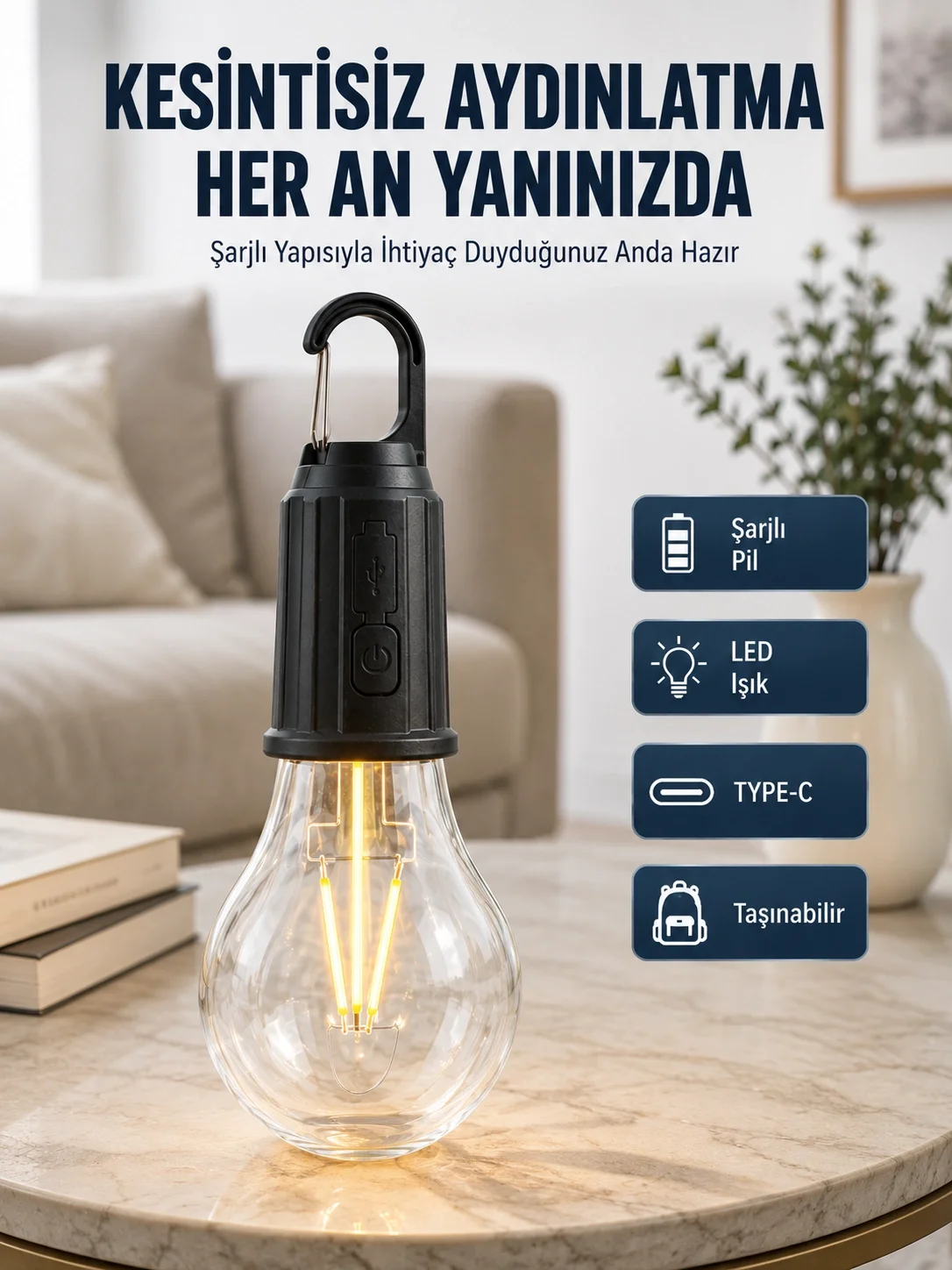 İthalat® 3 Farklı Mod LED'li Şarjlı Asma Kancalı Kamp Lambası Taşınabilir Ampul