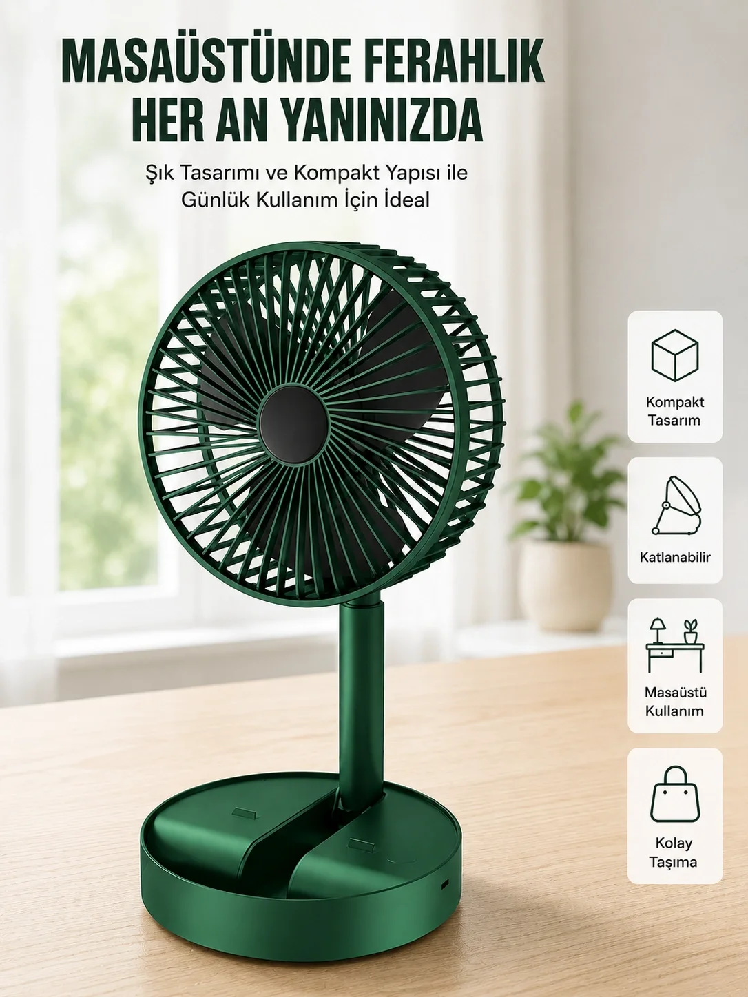 İthalat® 3 Kademe Hız Ayarlı Vantilatör Telefon Standlı Şarjlı Katlanabilir Soğutucu Pervane Yeni Nesil